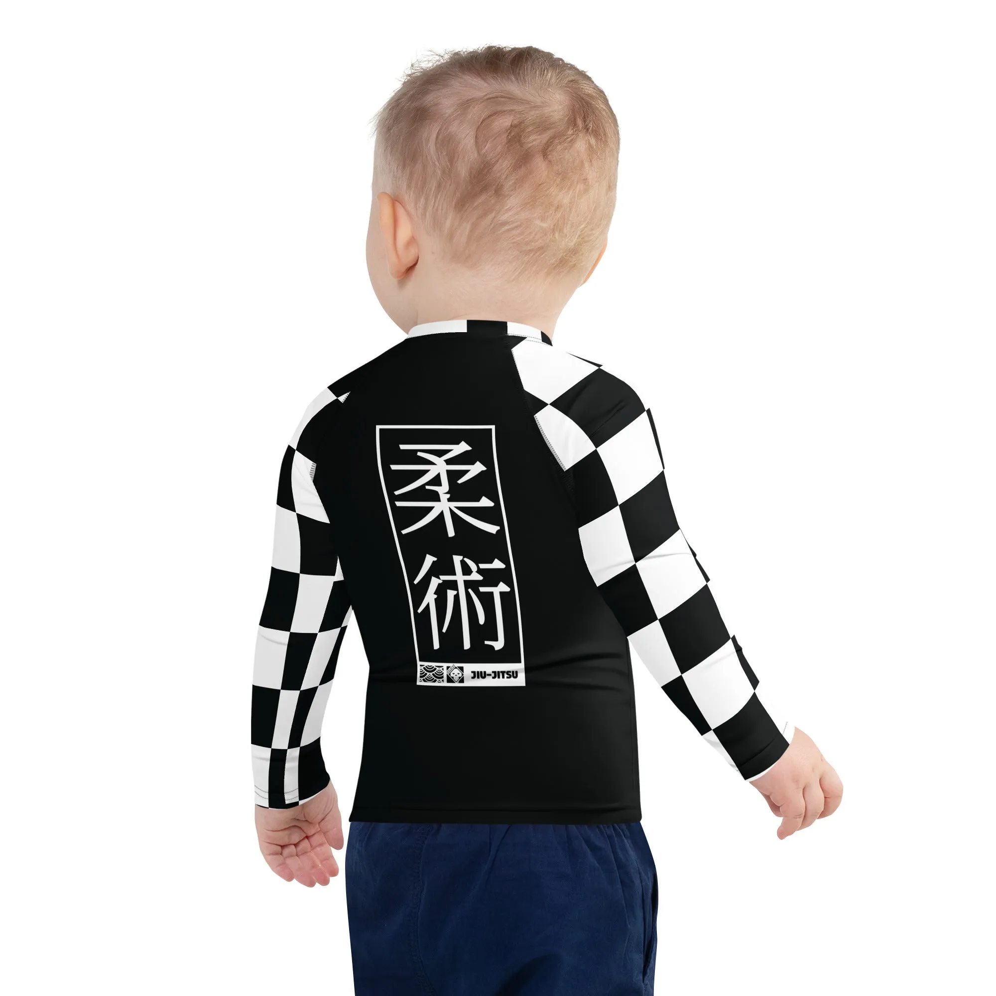 Checkered Charm: Boys' Long Sleeve Rash Guard for Kids - Noir Jiu-Jitsu