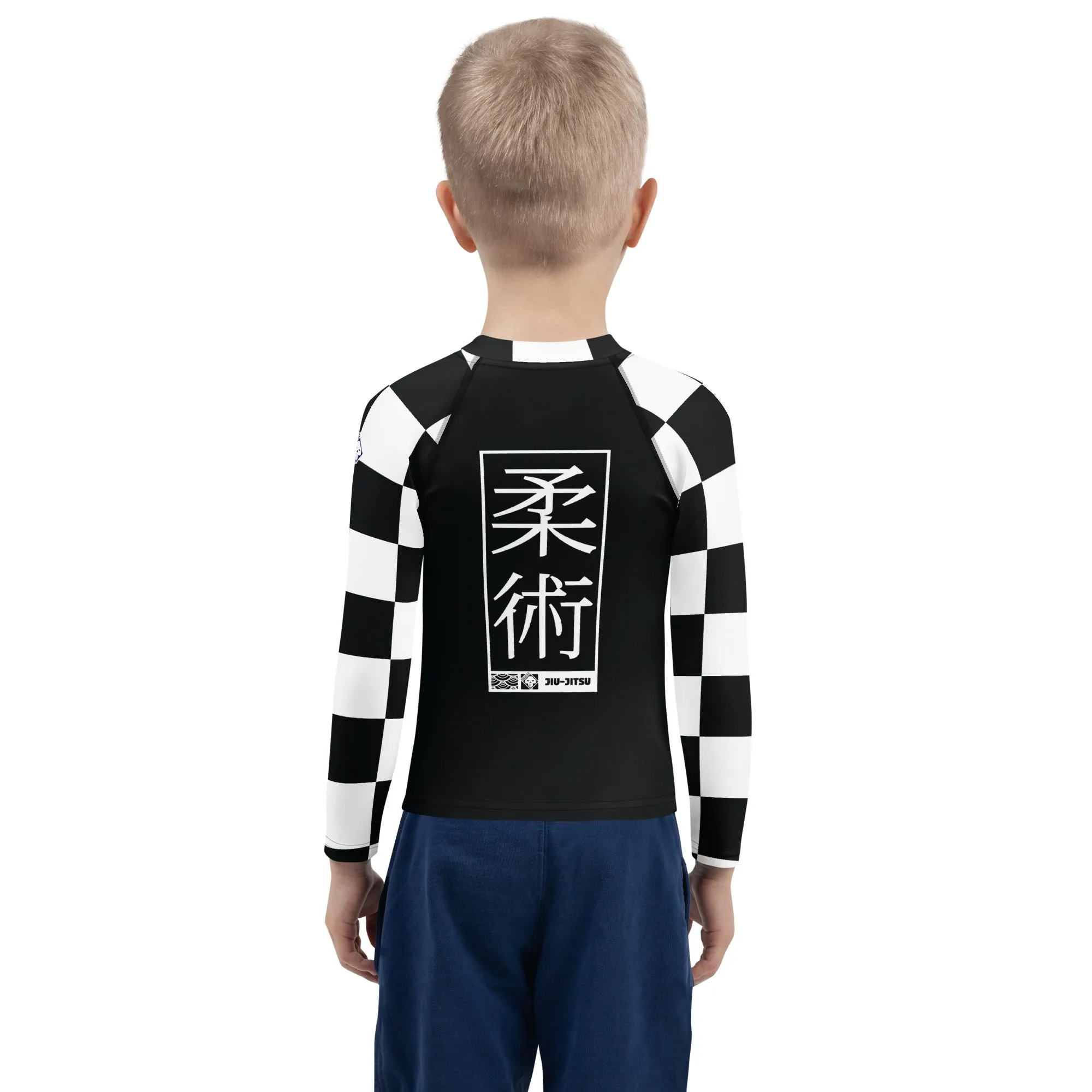 Checkered Charm: Boys' Long Sleeve Rash Guard for Kids - Noir Jiu-Jitsu