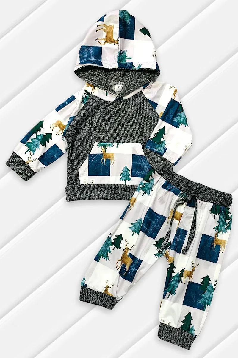 Checkered Hoodie Deer Tree Baby Pants Set