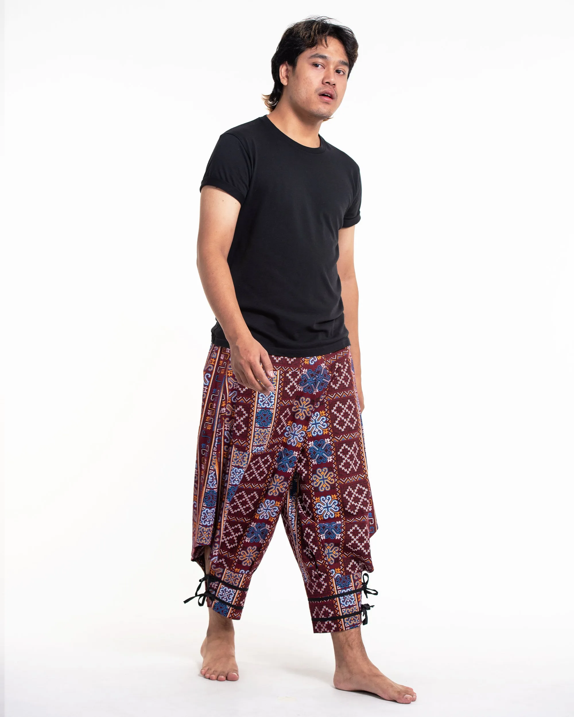 Clovers Thai Hill Tribe Fabric Men's Harem Pants with Ankle Straps in Burgundy