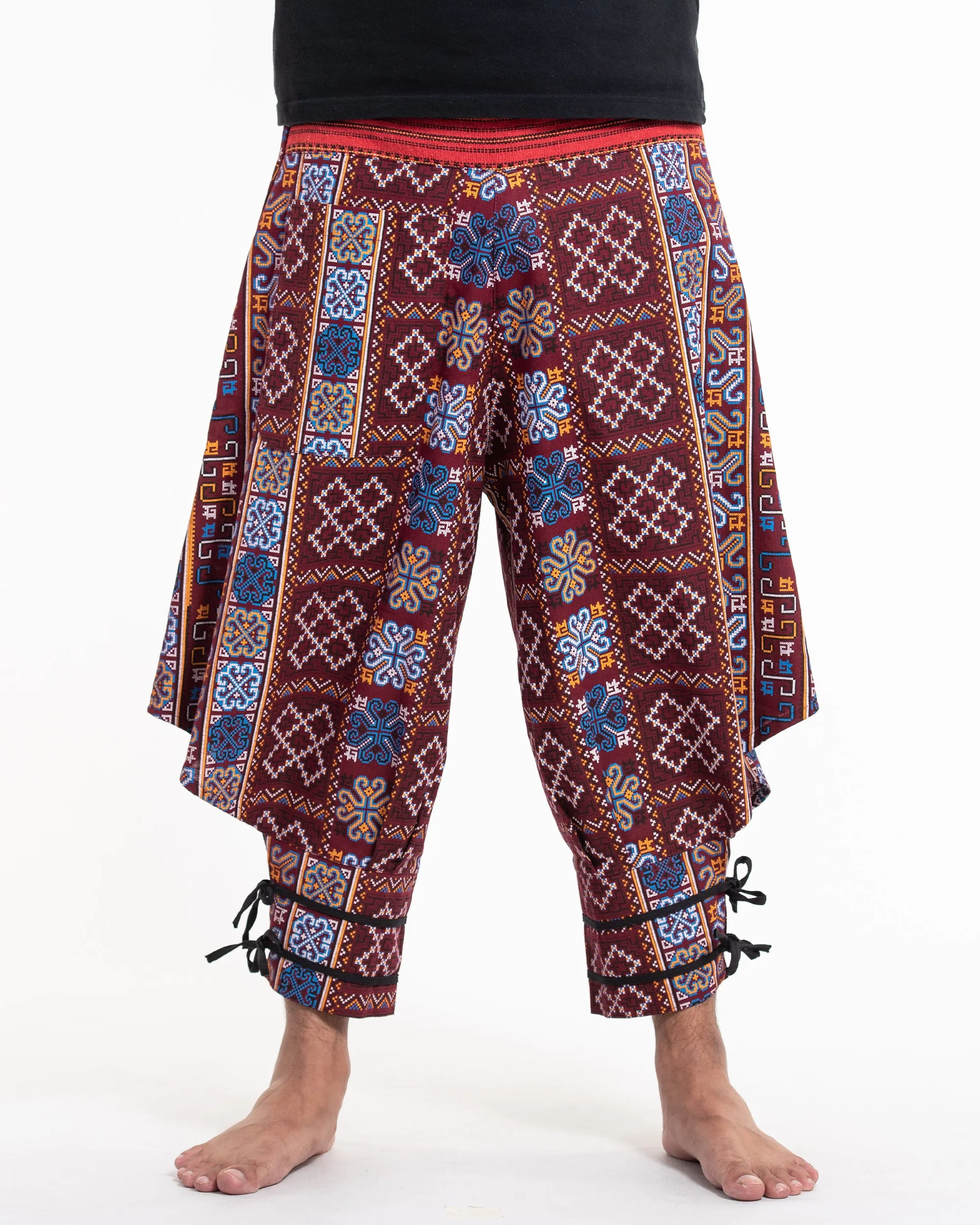 Clovers Thai Hill Tribe Fabric Men's Harem Pants with Ankle Straps in Burgundy