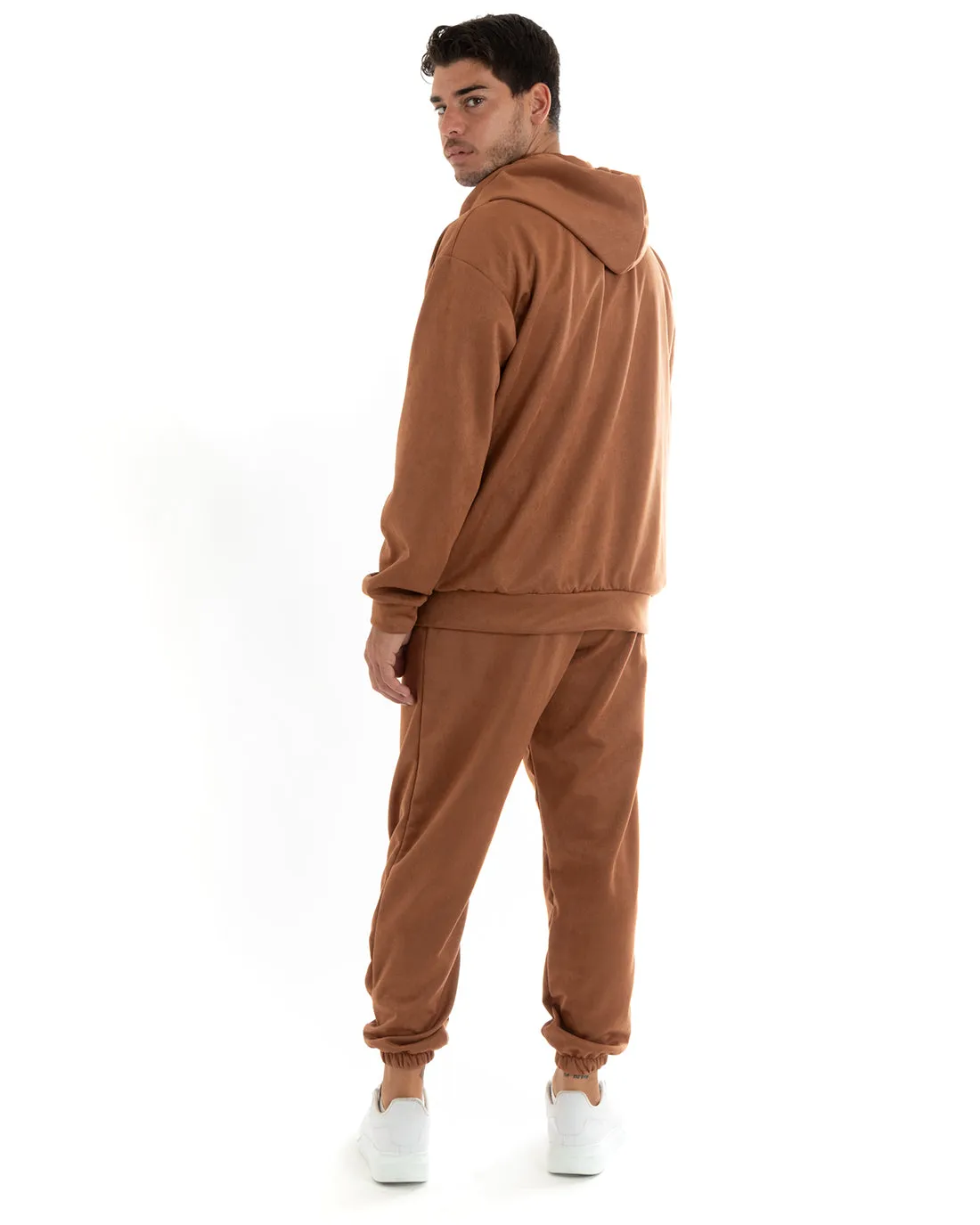 Completo Tuta Uomo Camoscio Felpa con Cappuccio e Zip Pantaloni con Coulisse Tabacco GIOSAL-OU2398A