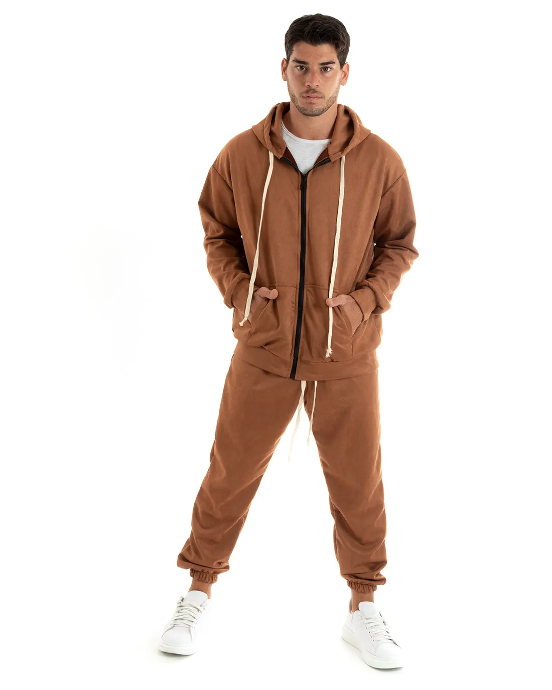 Completo Tuta Uomo Camoscio Felpa con Cappuccio e Zip Pantaloni con Coulisse Tabacco GIOSAL-OU2398A