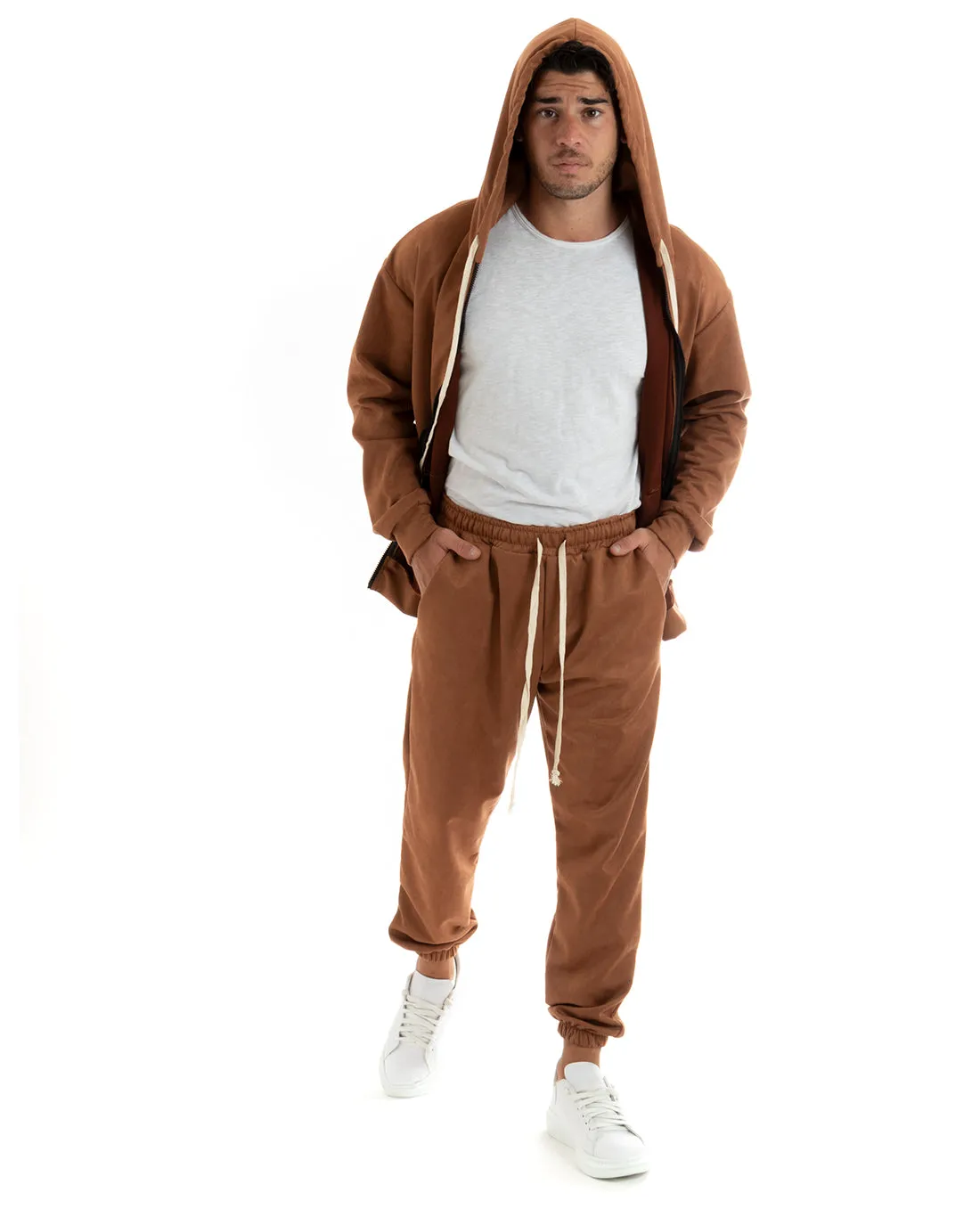 Completo Tuta Uomo Camoscio Felpa con Cappuccio e Zip Pantaloni con Coulisse Tabacco GIOSAL-OU2398A