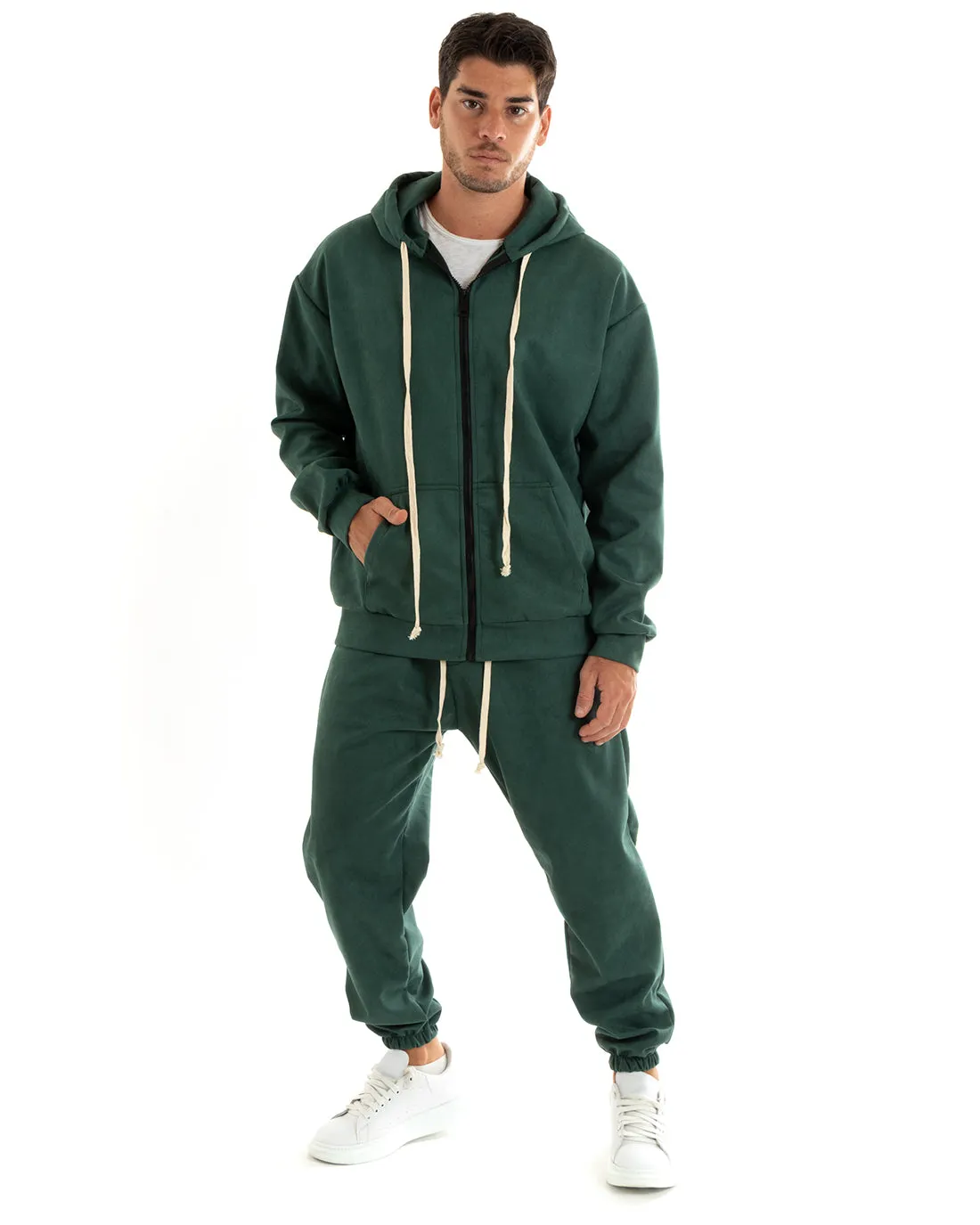 Completo Tuta Uomo Camoscio Felpa con Cappuccio e Zip Pantaloni con Coulisse Verde GIOSAL-OU2397A