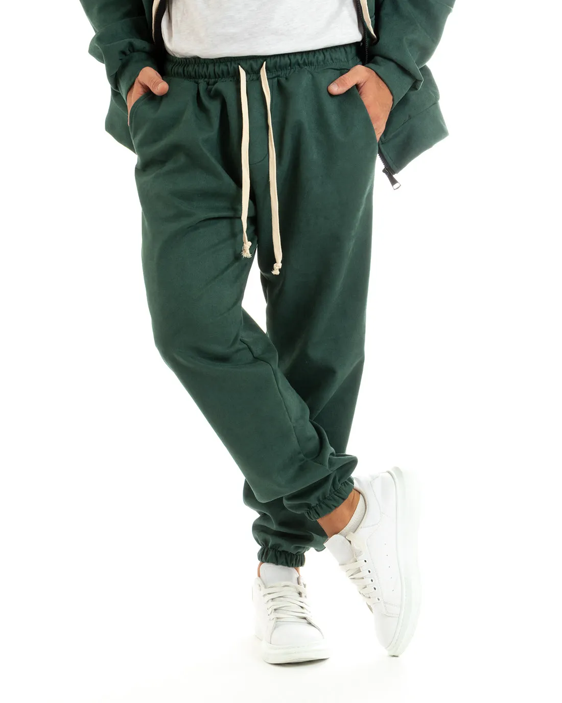 Completo Tuta Uomo Camoscio Felpa con Cappuccio e Zip Pantaloni con Coulisse Verde GIOSAL-OU2397A