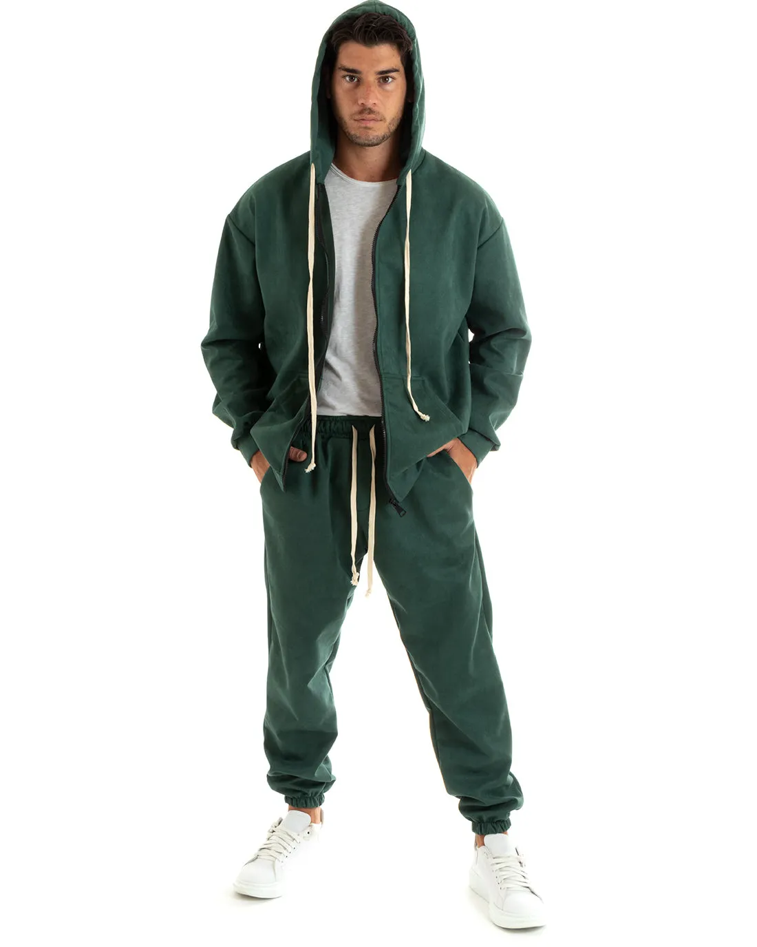 Completo Tuta Uomo Camoscio Felpa con Cappuccio e Zip Pantaloni con Coulisse Verde GIOSAL-OU2397A