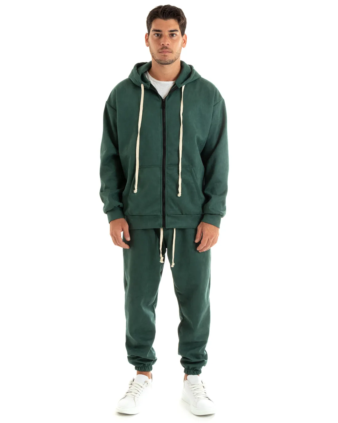 Completo Tuta Uomo Camoscio Felpa con Cappuccio e Zip Pantaloni con Coulisse Verde GIOSAL-OU2397A