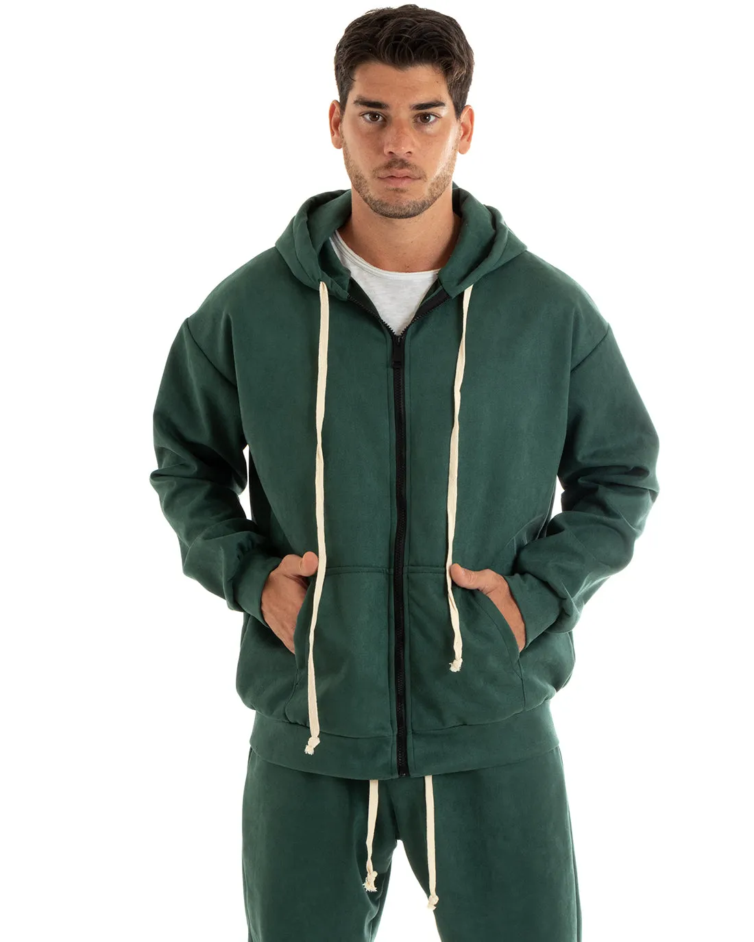 Completo Tuta Uomo Camoscio Felpa con Cappuccio e Zip Pantaloni con Coulisse Verde GIOSAL-OU2397A