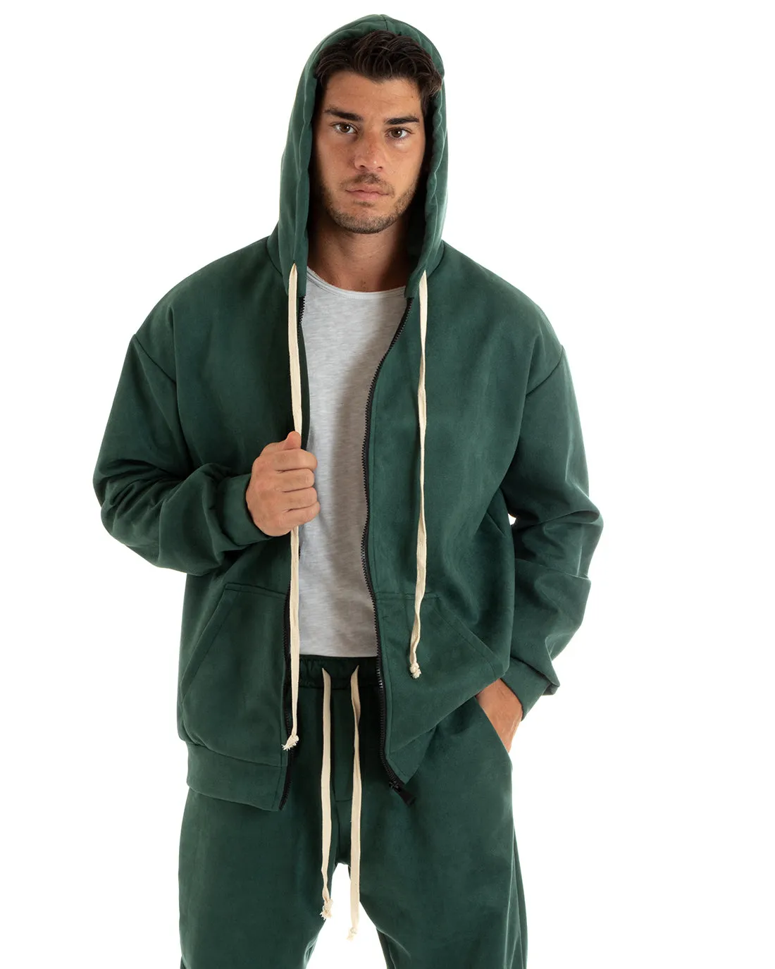 Completo Tuta Uomo Camoscio Felpa con Cappuccio e Zip Pantaloni con Coulisse Verde GIOSAL-OU2397A