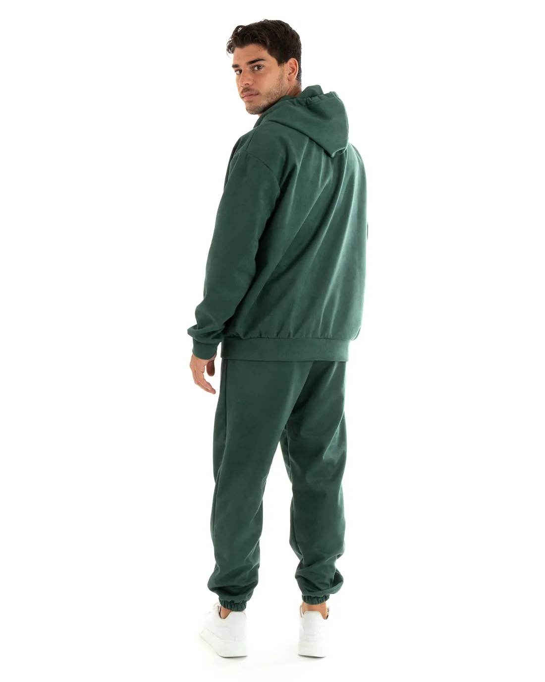 Completo Tuta Uomo Camoscio Felpa con Cappuccio e Zip Pantaloni con Coulisse Verde GIOSAL-OU2397A