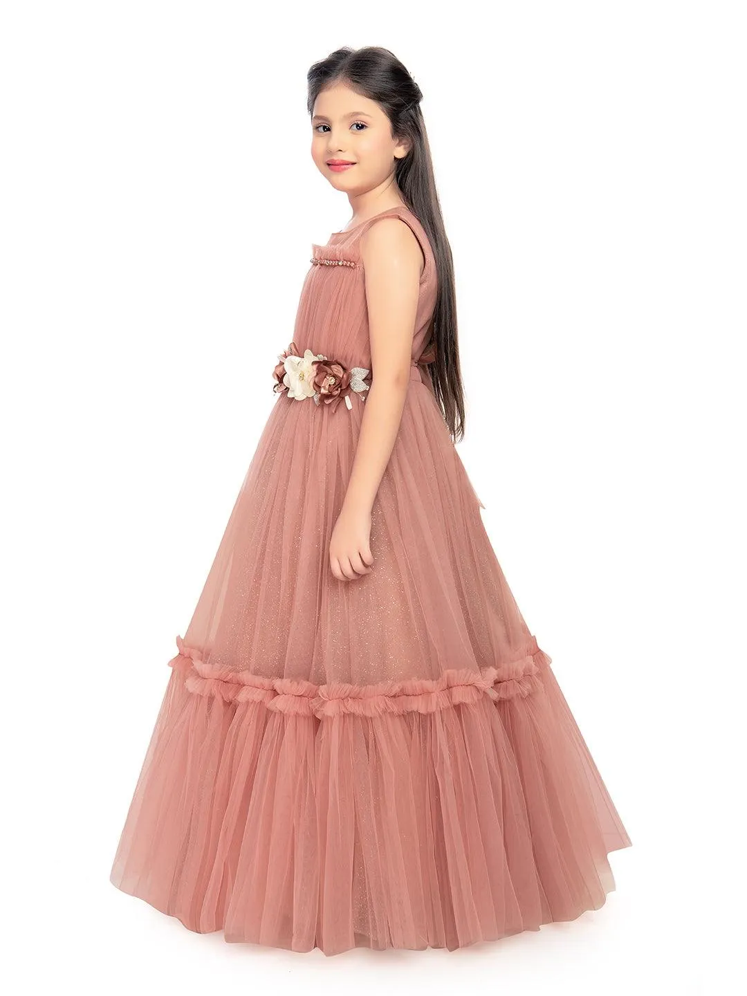 Coral Coloured Corsage Hand Work Imported Net Ruffle Ball Gown Style For Girls