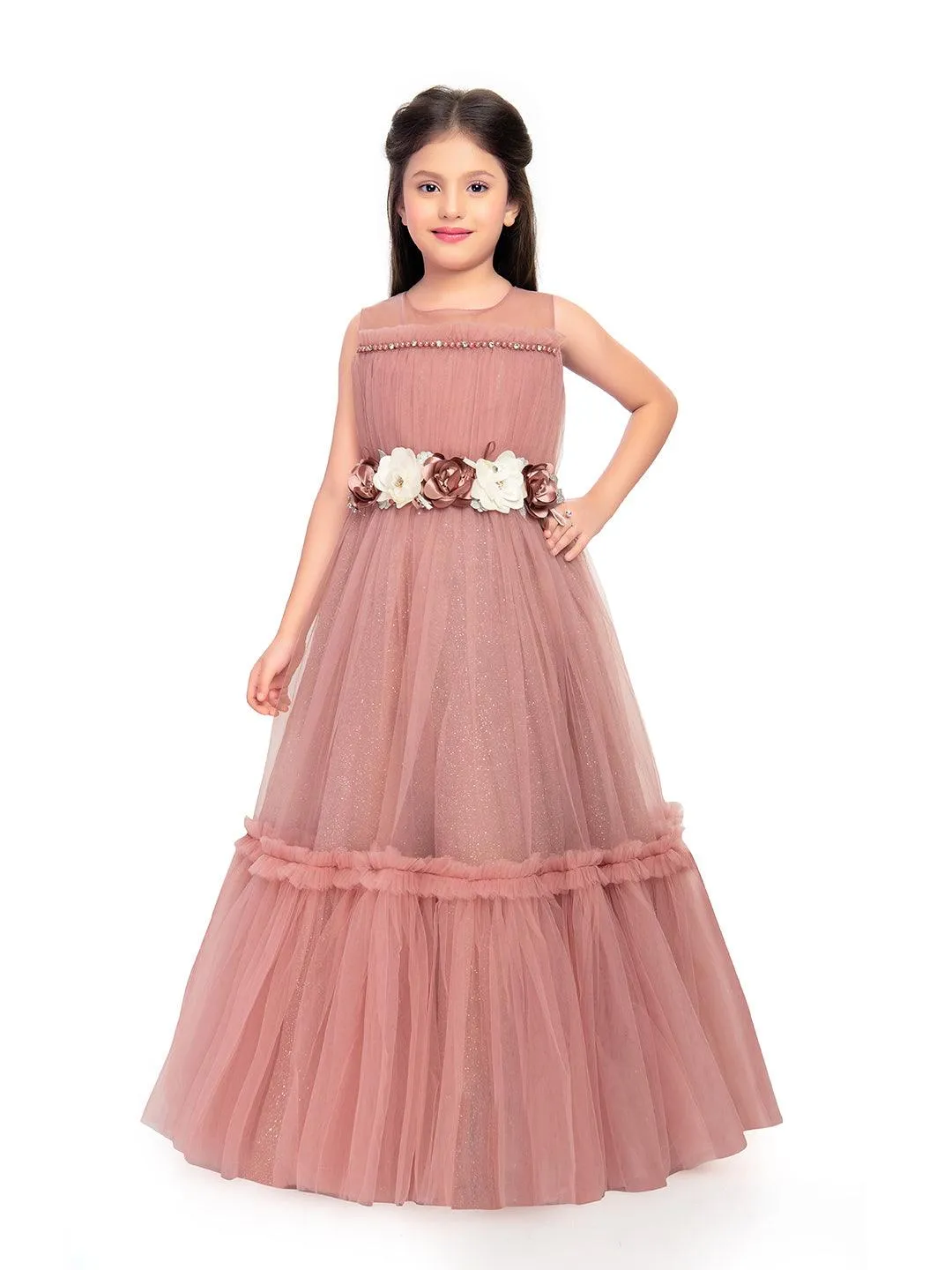 Coral Coloured Corsage Hand Work Imported Net Ruffle Ball Gown Style For Girls