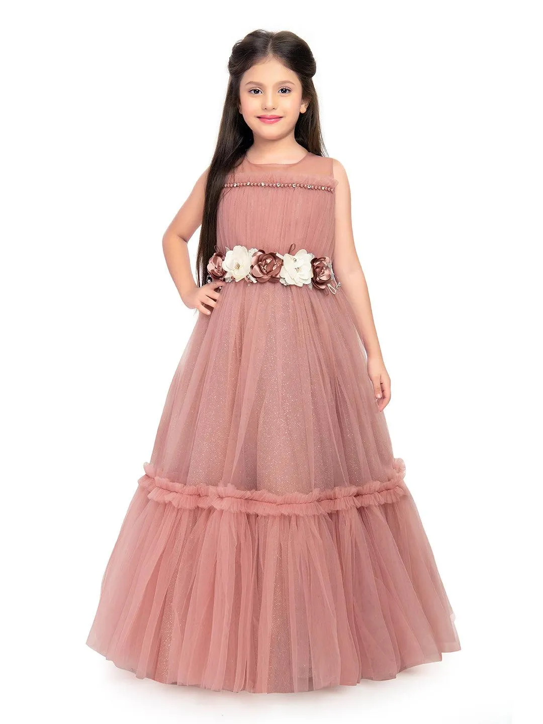 Coral Coloured Corsage Hand Work Imported Net Ruffle Ball Gown Style For Girls