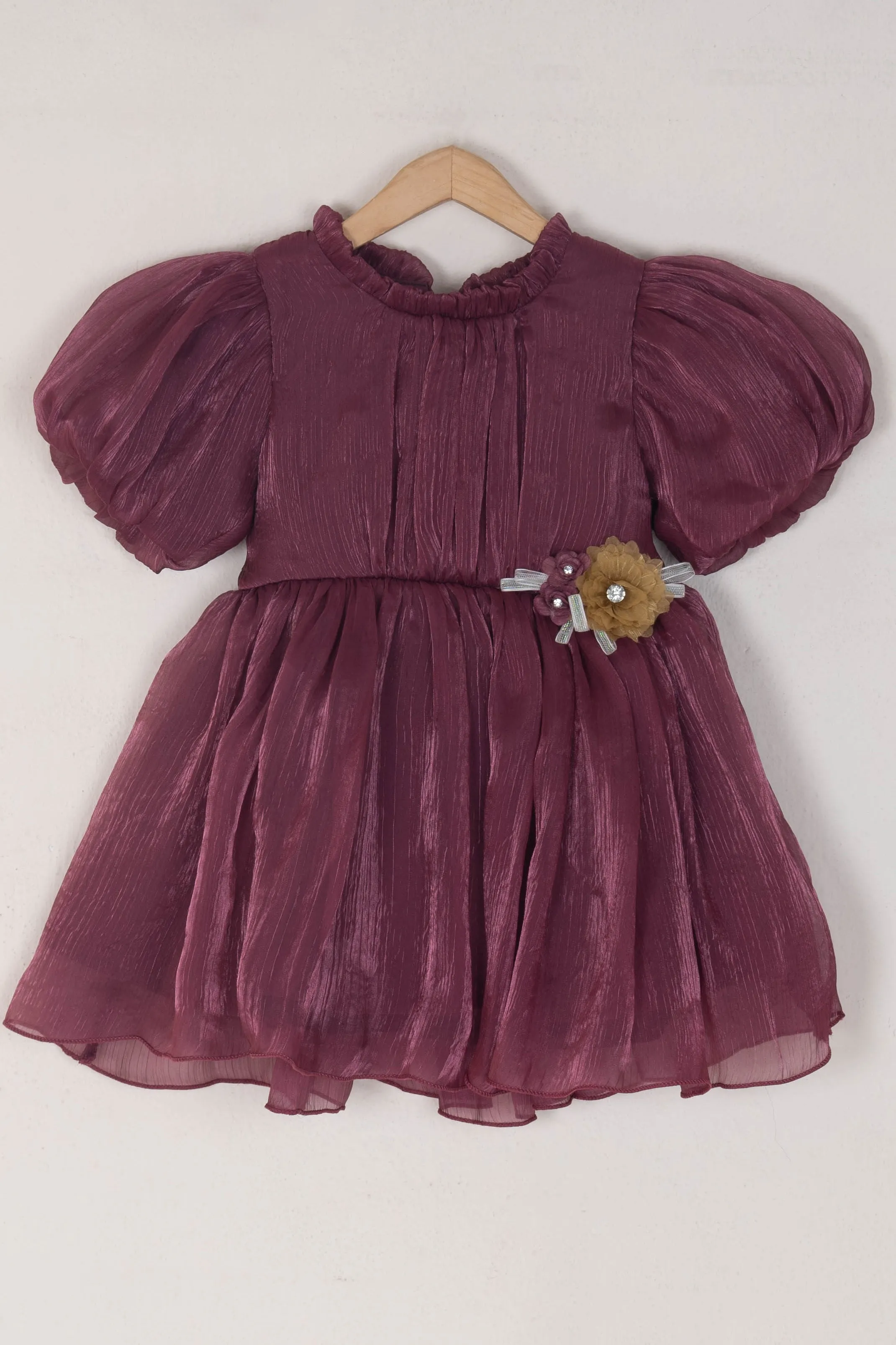 Cutest Magenta Glaze Orangza Puffed Sleeve Solid Party Frock For Girls