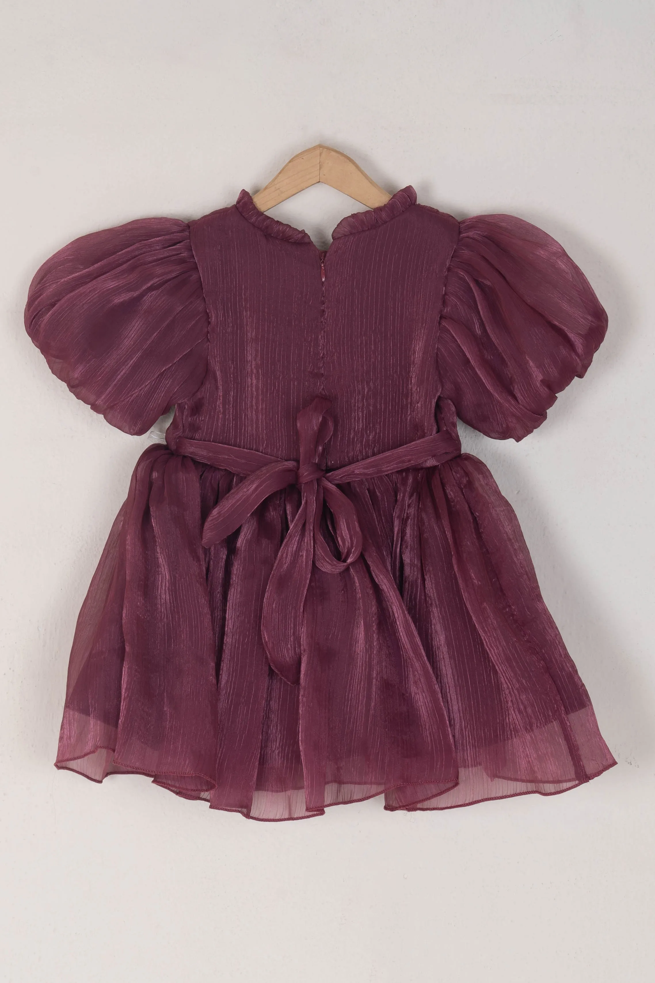 Cutest Magenta Glaze Orangza Puffed Sleeve Solid Party Frock For Girls