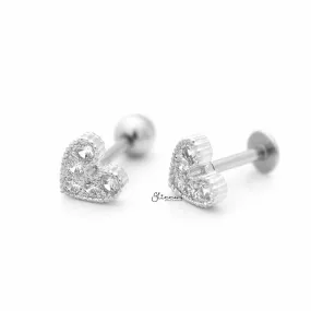 C.Z Paved Heart Cartilage/Tragus Ball End | Flat Back Studs - Silver