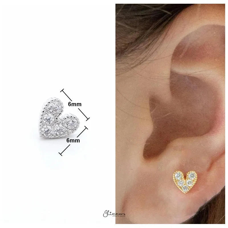 C.Z Paved Heart Cartilage/Tragus Ball End | Flat Back Studs - Silver