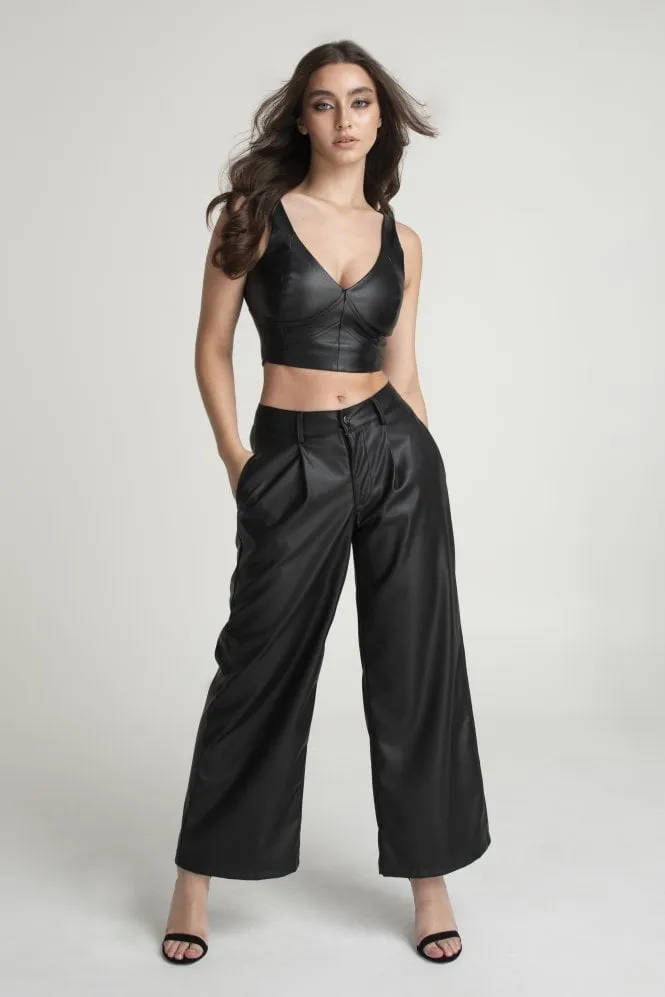 Double Second Black Vegan Leather Wide Leg Trousers