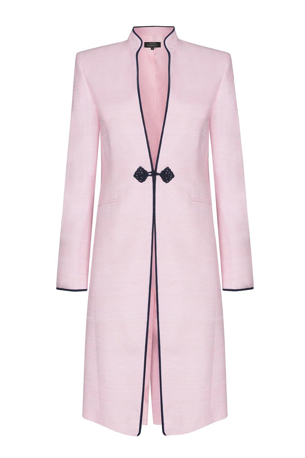 Dress Coat in Pale Pink Raw Silk Tussar with Navy - Vicky