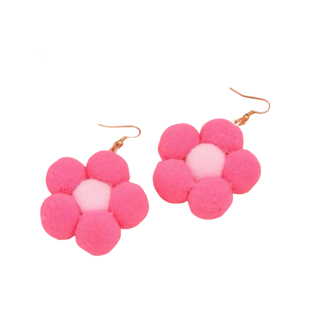 Earrings - Pompom daisy flower drops, Pink