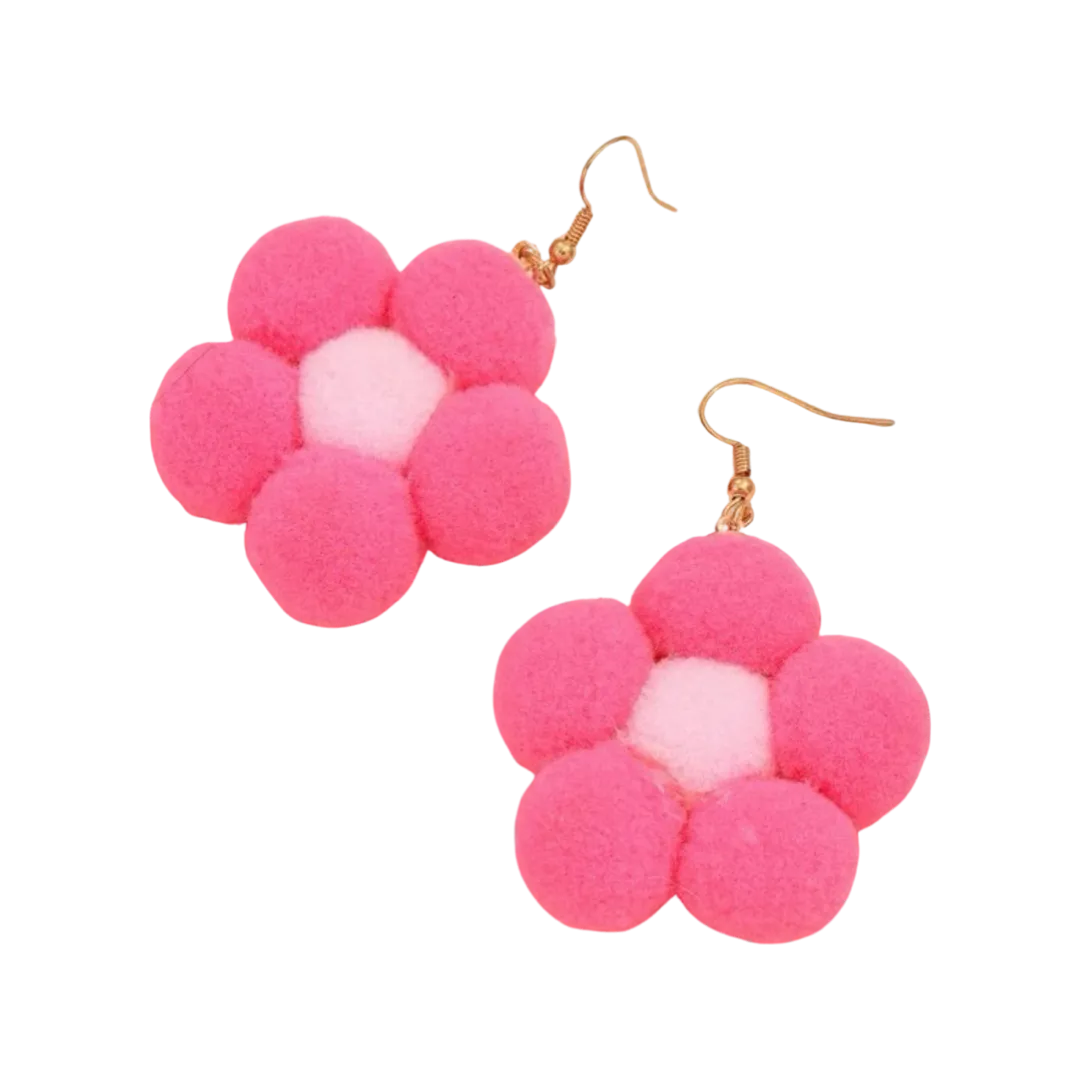 Earrings - Pompom daisy flower drops, Pink