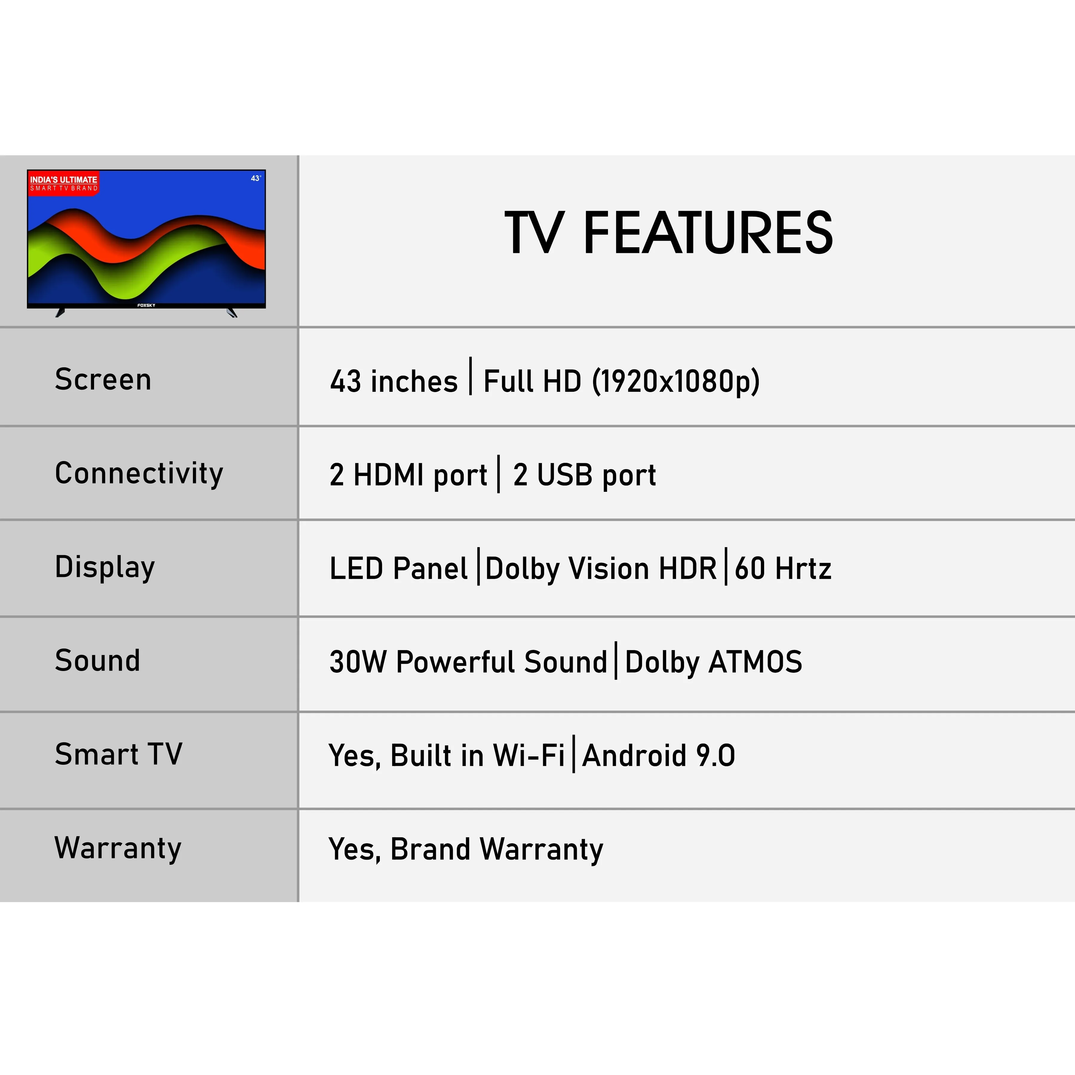 Foxsky 109 cm (43 inches) Full HD Smart LED TV 43FSFHS With Black (Frameless Edition) (Dolby Audio)