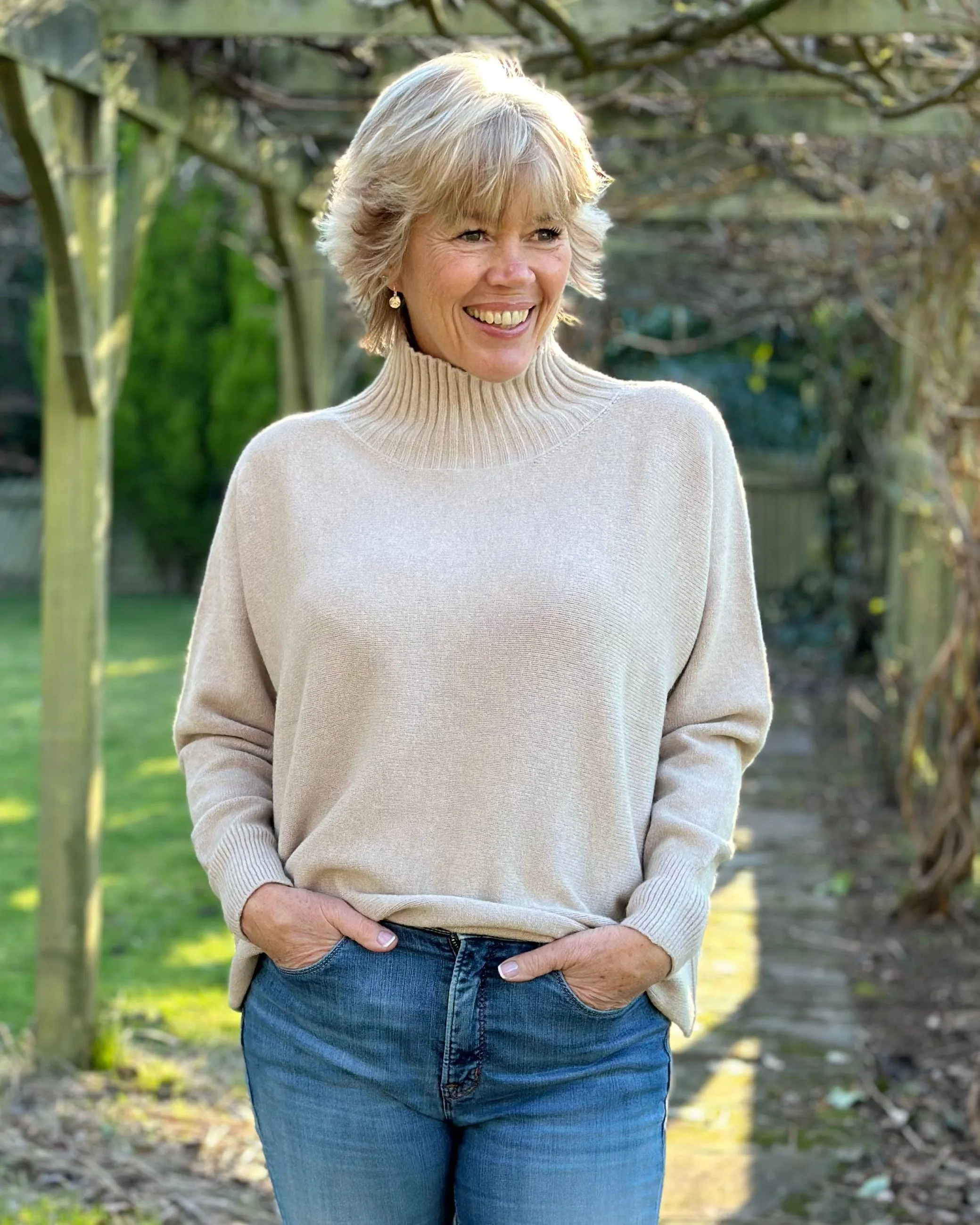 Funnel Neck Soft Knit Long Sleeve Jumper - Beige