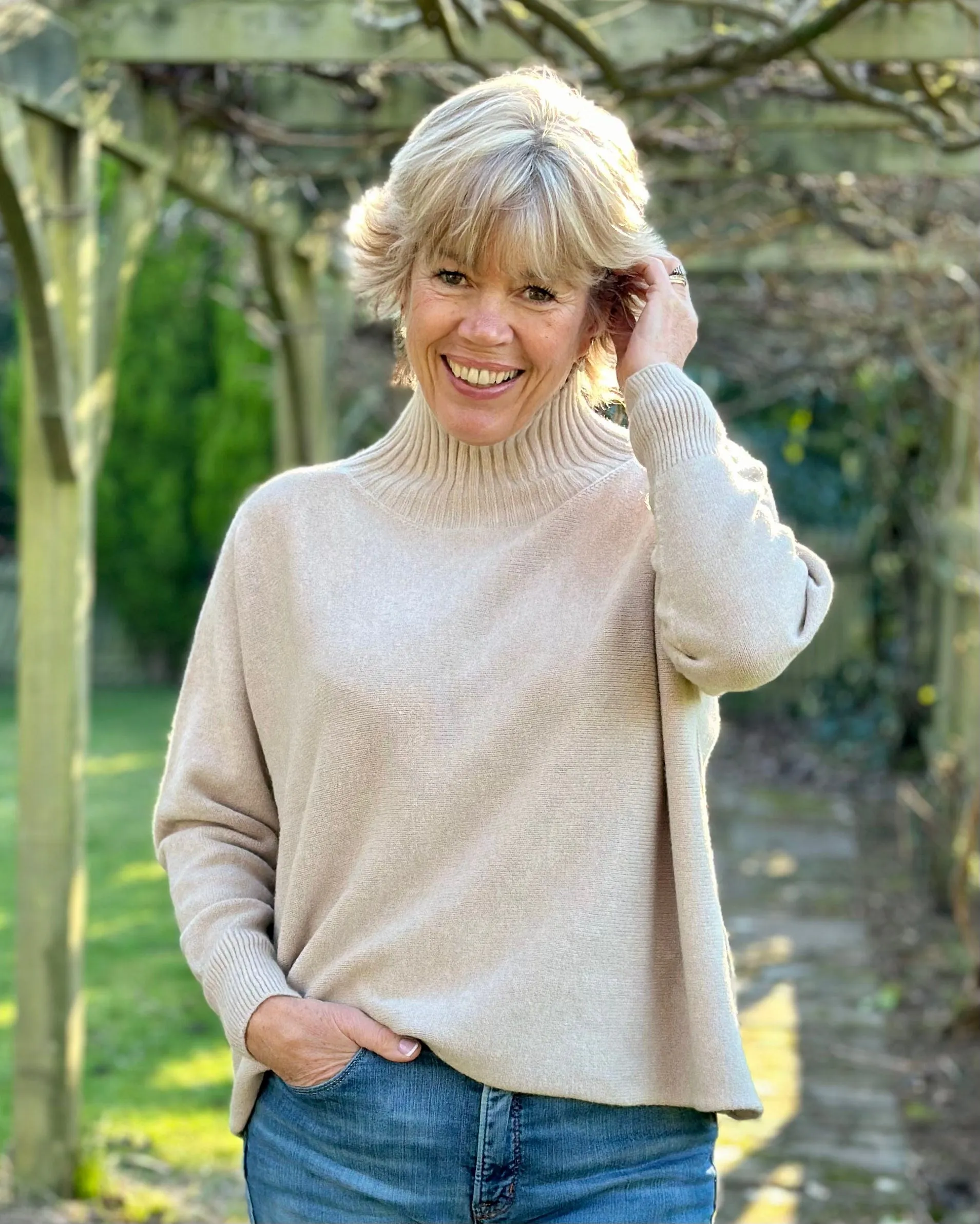 Funnel Neck Soft Knit Long Sleeve Jumper - Beige