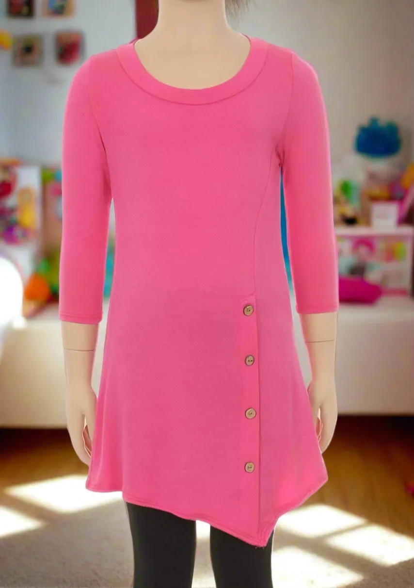 Girls High-Low Asymmetric Dress, Long Tunic Top, Sizes 6/8/10/12, Solid Pink