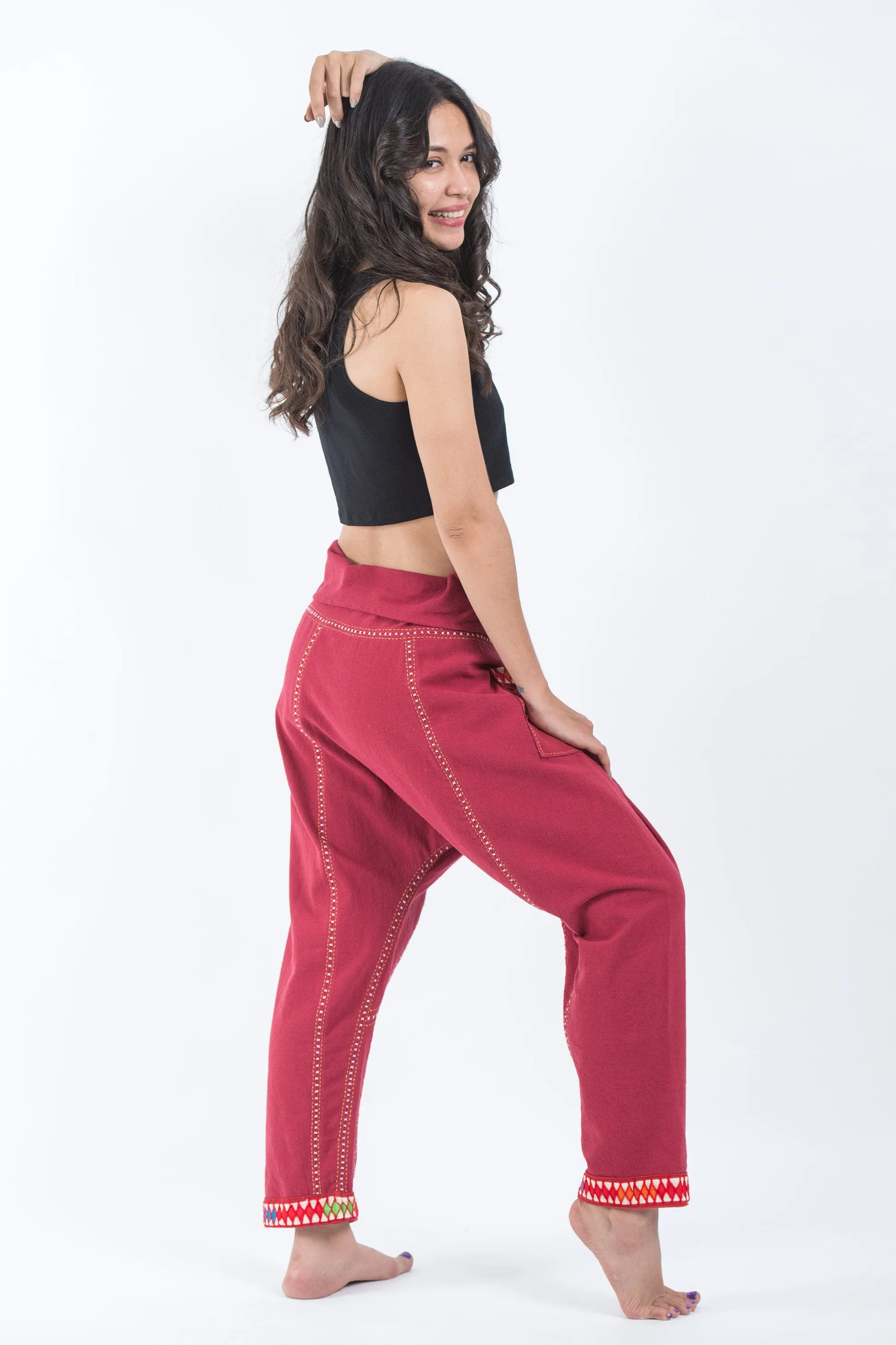 Hand Embroidered Women's Slim Cut Fisherman Pants in Red