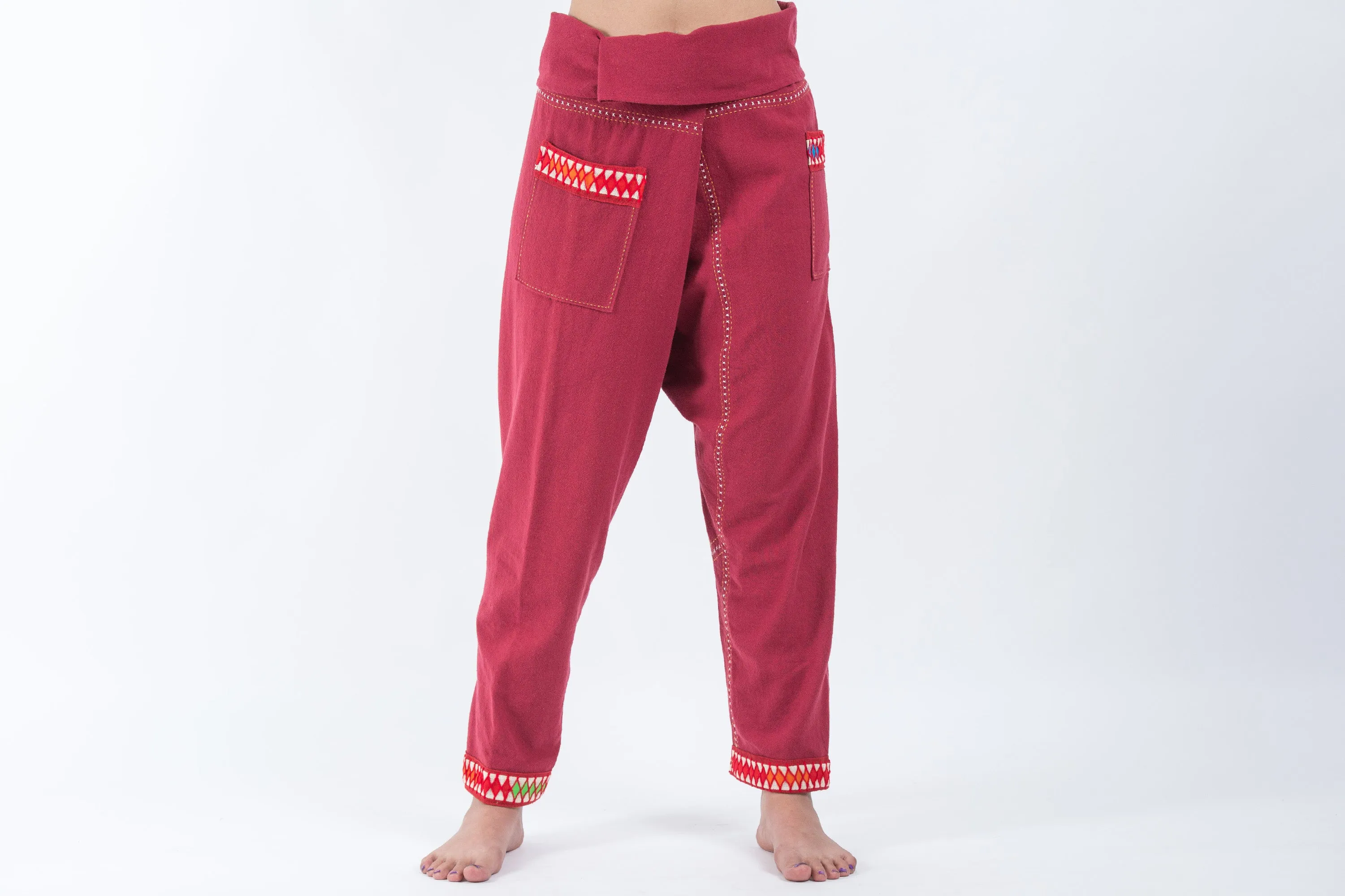 Hand Embroidered Women's Slim Cut Fisherman Pants in Red