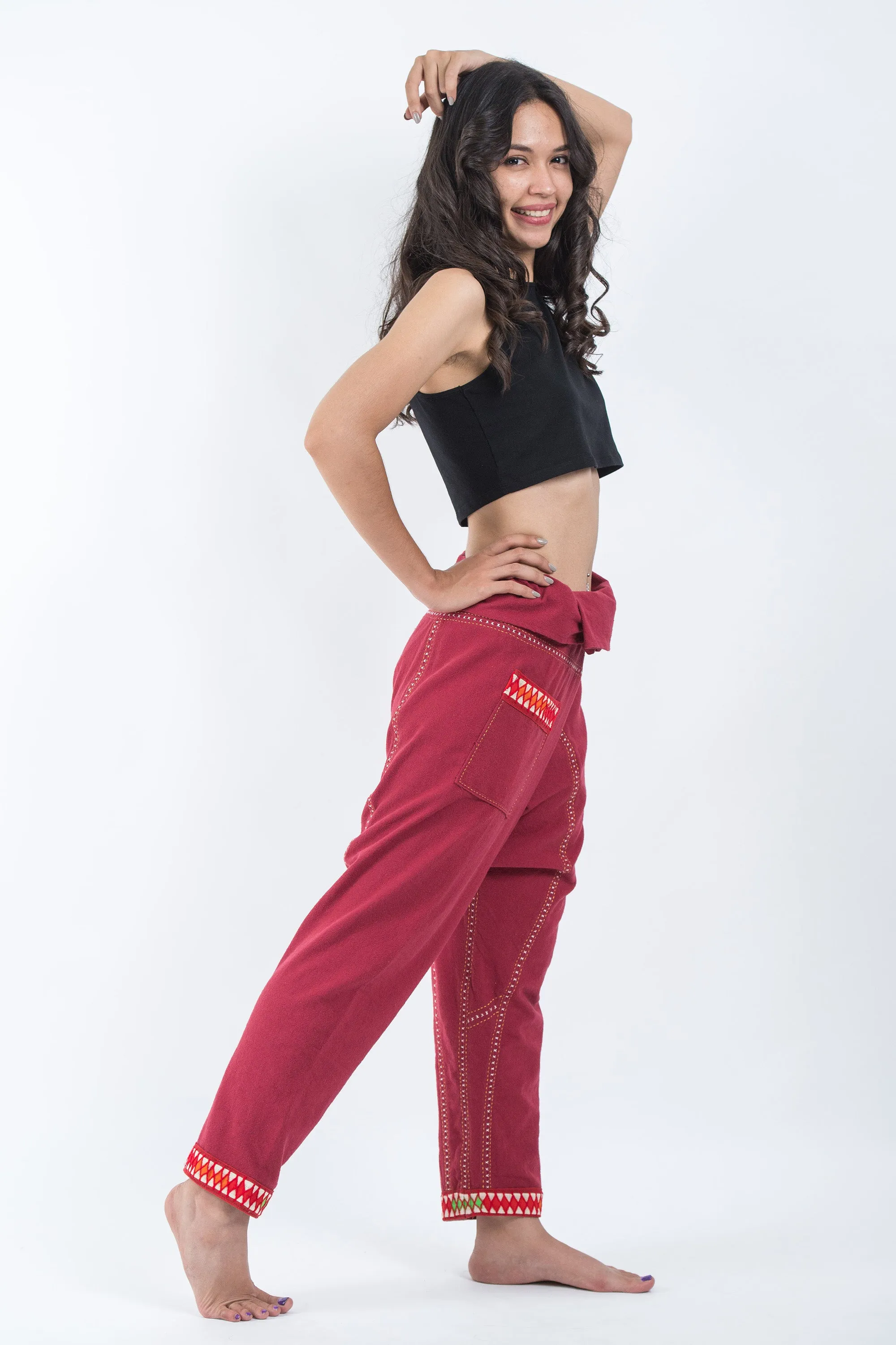 Hand Embroidered Women's Slim Cut Fisherman Pants in Red