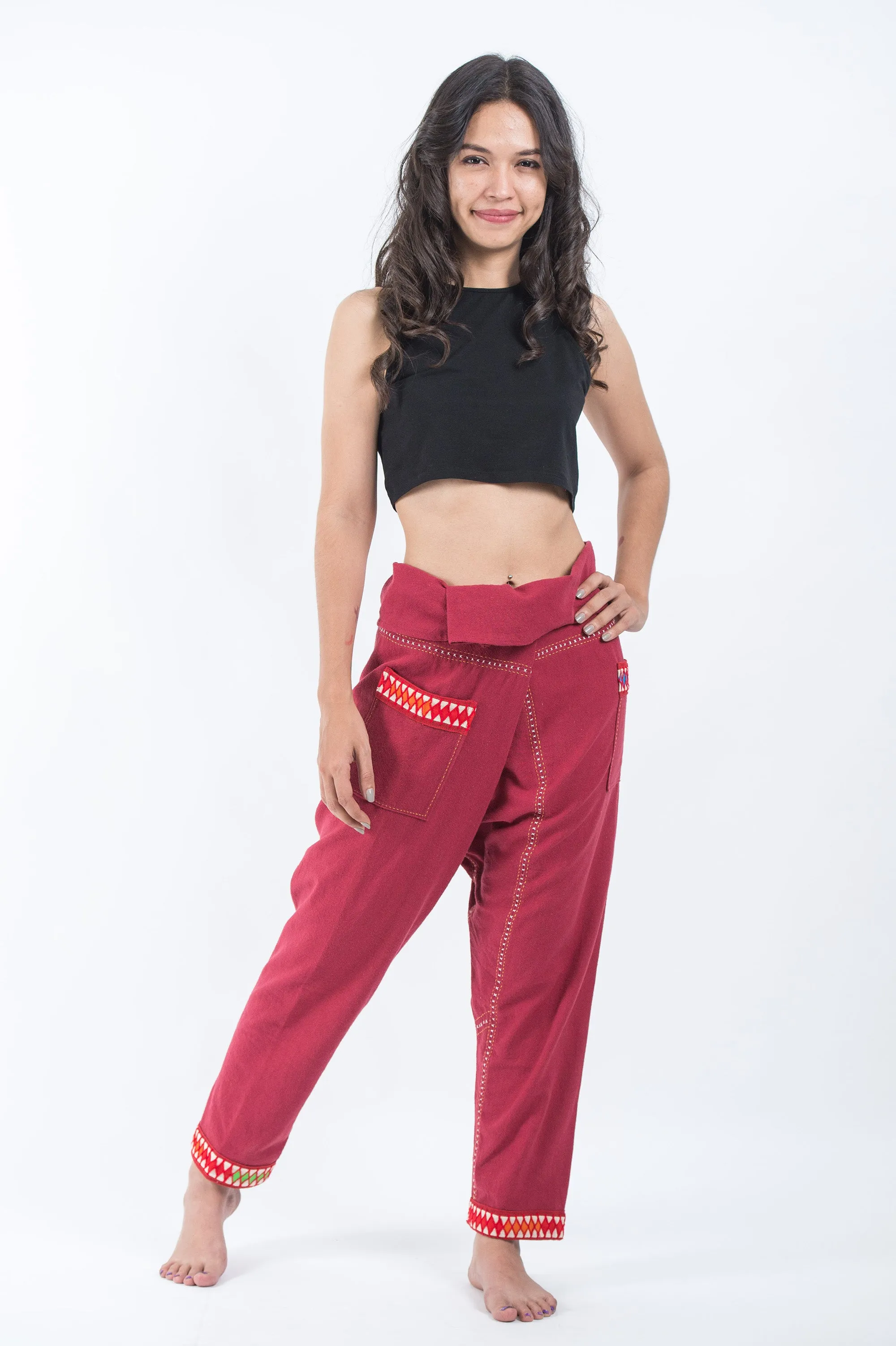 Hand Embroidered Women's Slim Cut Fisherman Pants in Red