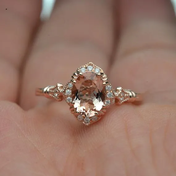 Haydee oval halo with Pink Morganite engagement ring Vintage Inspired