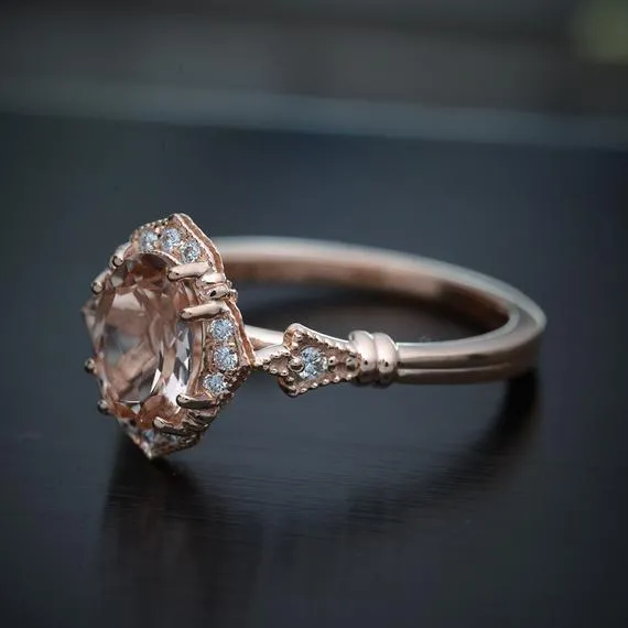 Haydee oval halo with Pink Morganite engagement ring Vintage Inspired