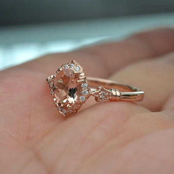 Haydee oval halo with Pink Morganite engagement ring Vintage Inspired