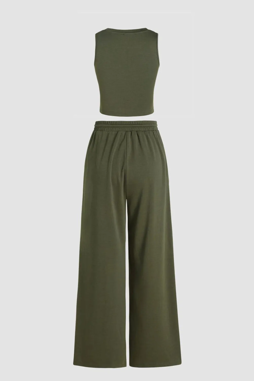 Jungle Green Solid Sleeveless Crop Top and Wide Leg Pants Set