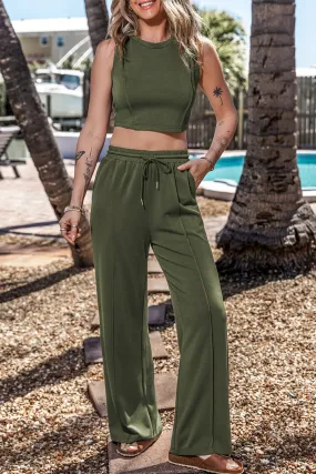 Jungle Green Solid Sleeveless Crop Top and Wide Leg Pants Set