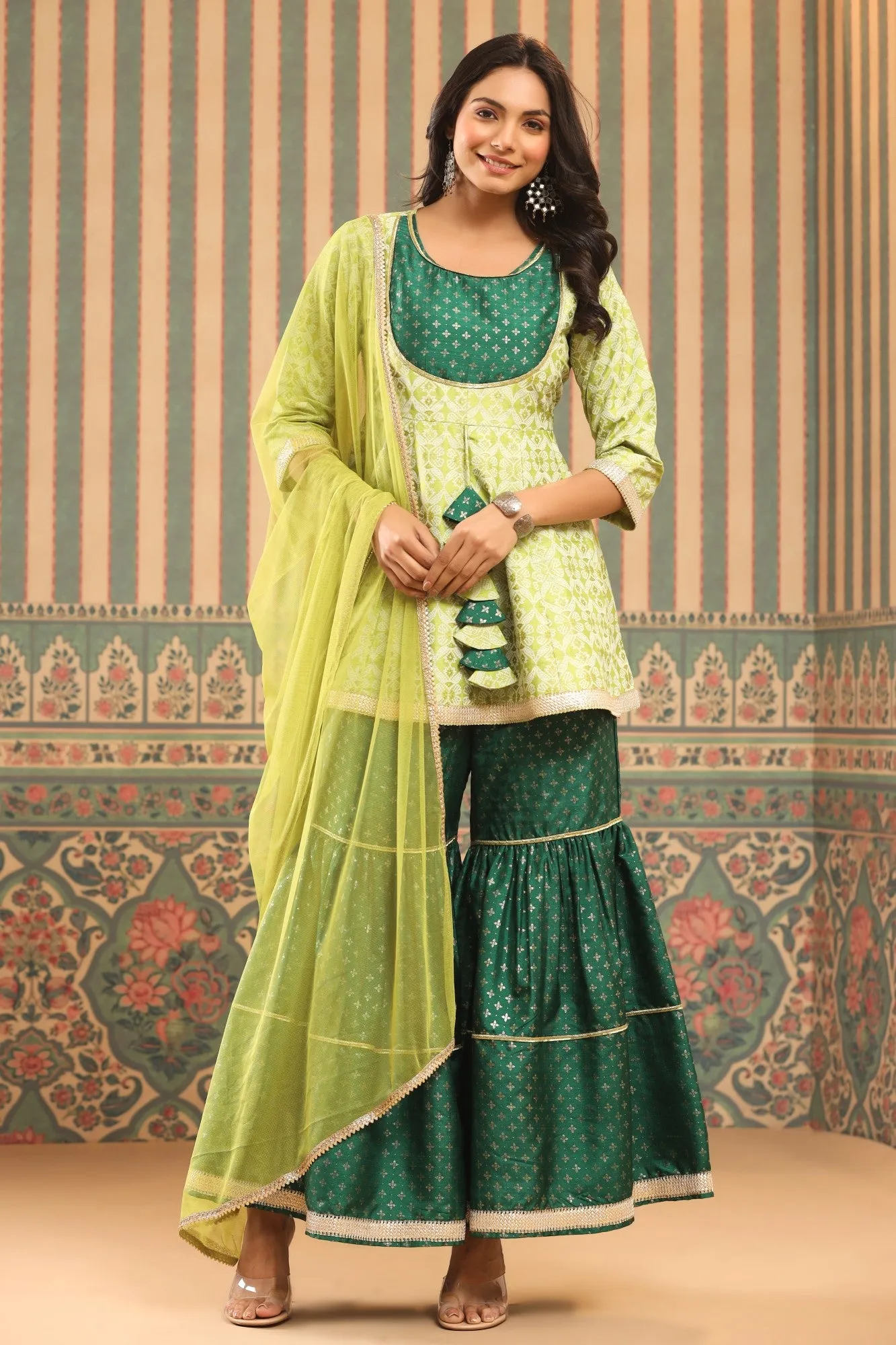 Juniper Green Geometric Printed Shantoon Slub Kurta Sharara & Dupatta Set With Lace Work