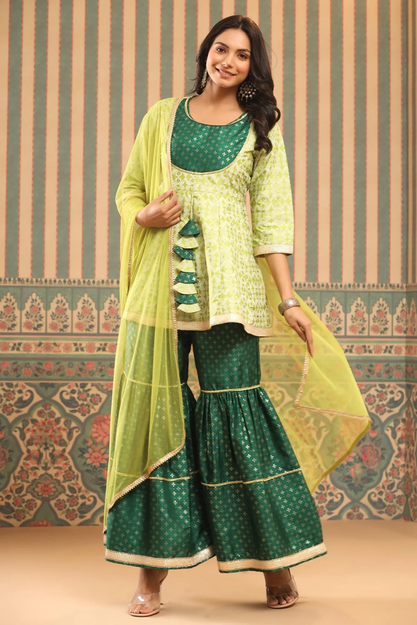 Juniper Green Geometric Printed Shantoon Slub Kurta Sharara & Dupatta Set With Lace Work