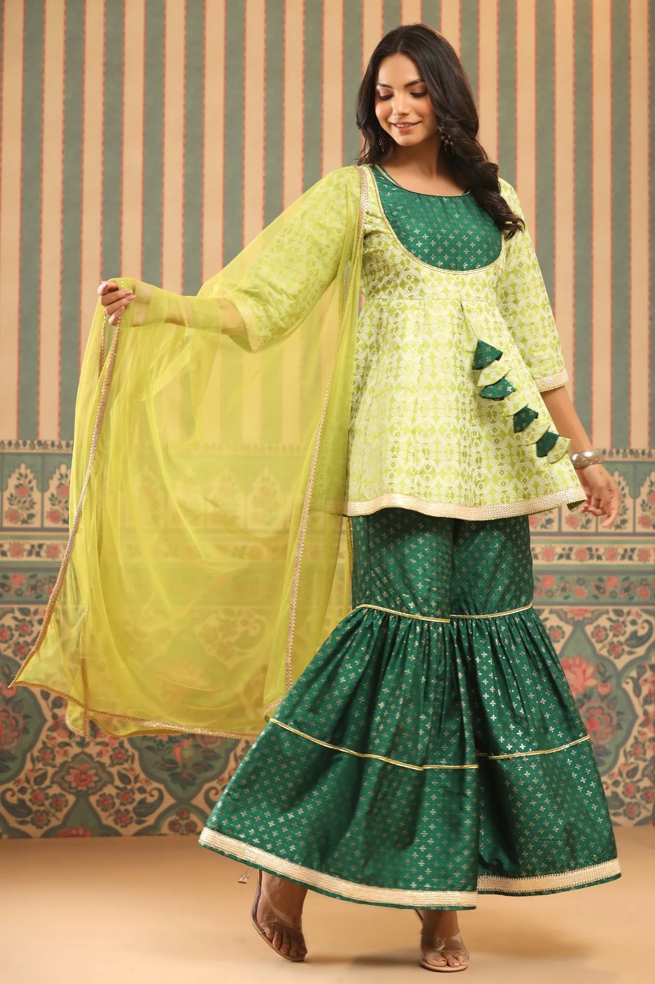 Juniper Green Geometric Printed Shantoon Slub Kurta Sharara & Dupatta Set With Lace Work