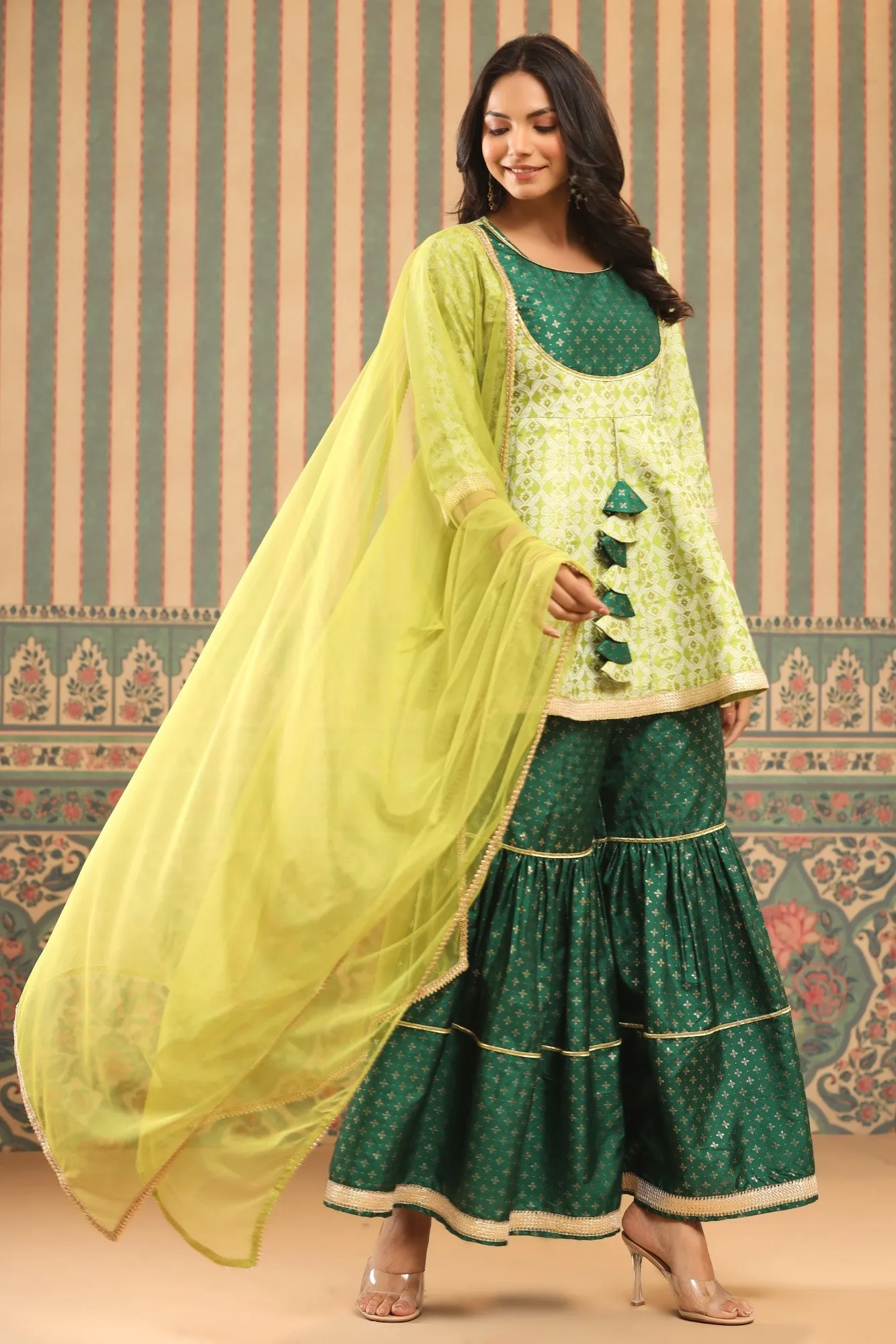 Juniper Green Geometric Printed Shantoon Slub Kurta Sharara & Dupatta Set With Lace Work