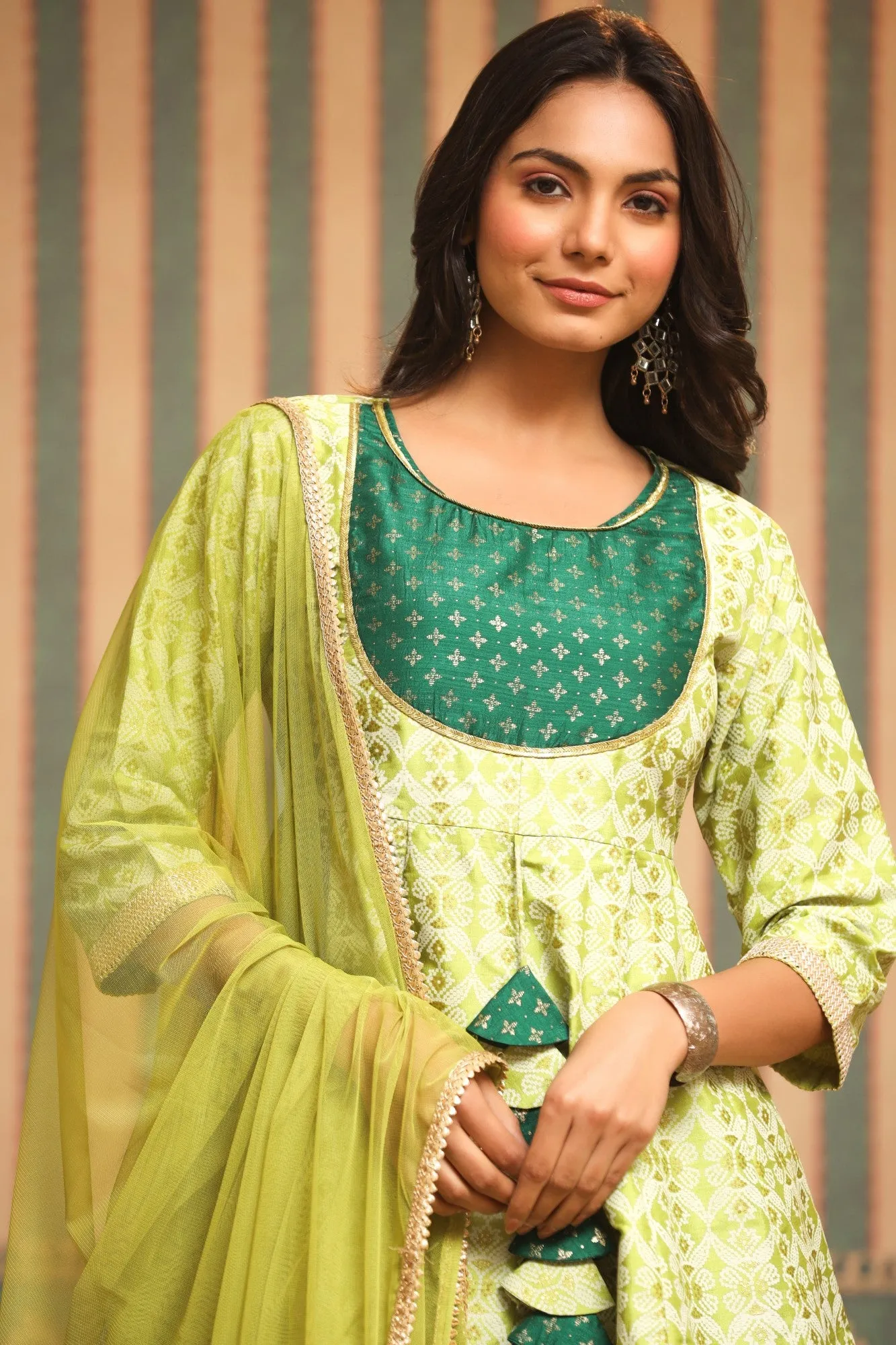 Juniper Green Geometric Printed Shantoon Slub Kurta Sharara & Dupatta Set With Lace Work