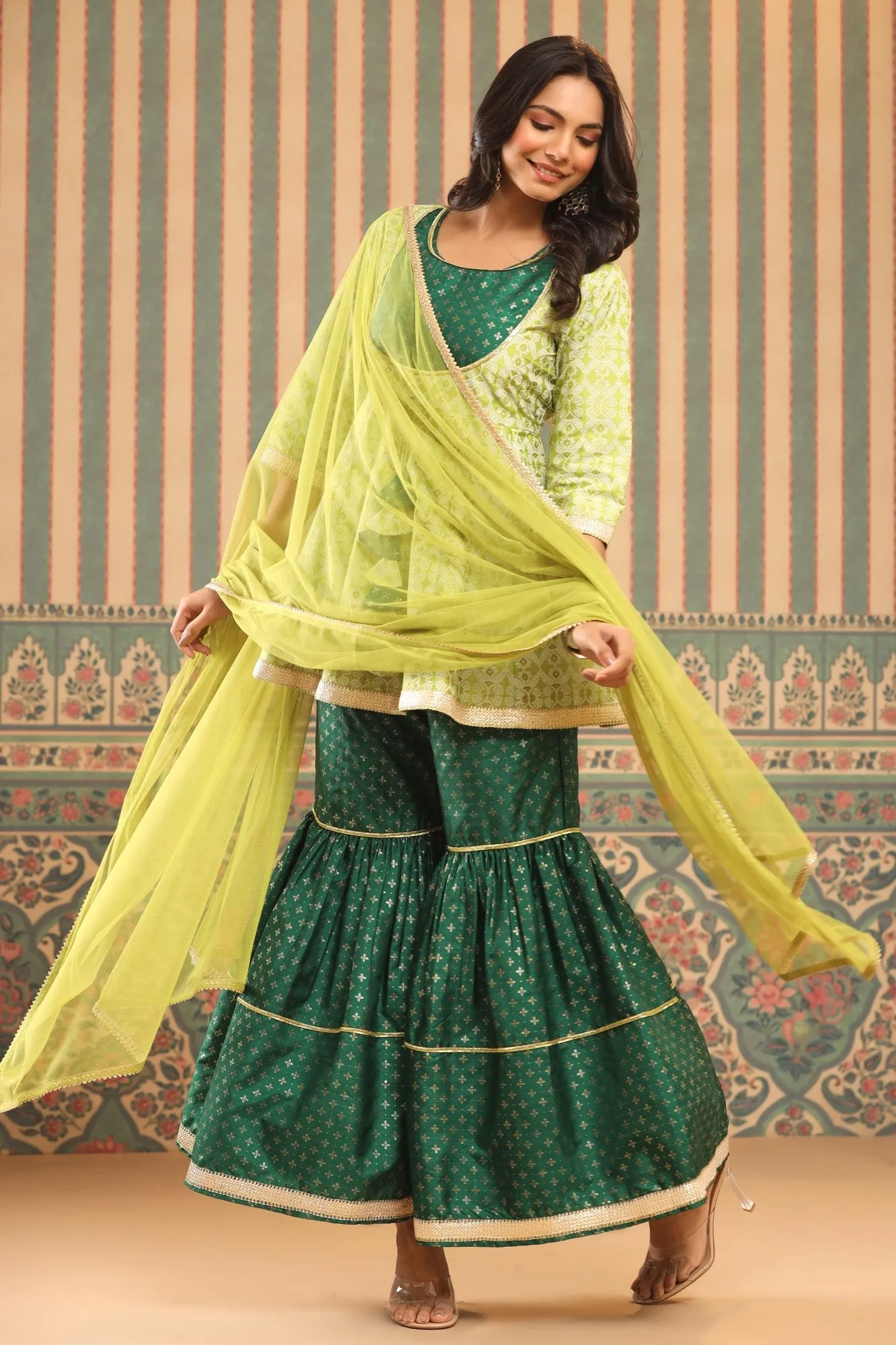 Juniper Green Geometric Printed Shantoon Slub Kurta Sharara & Dupatta Set With Lace Work