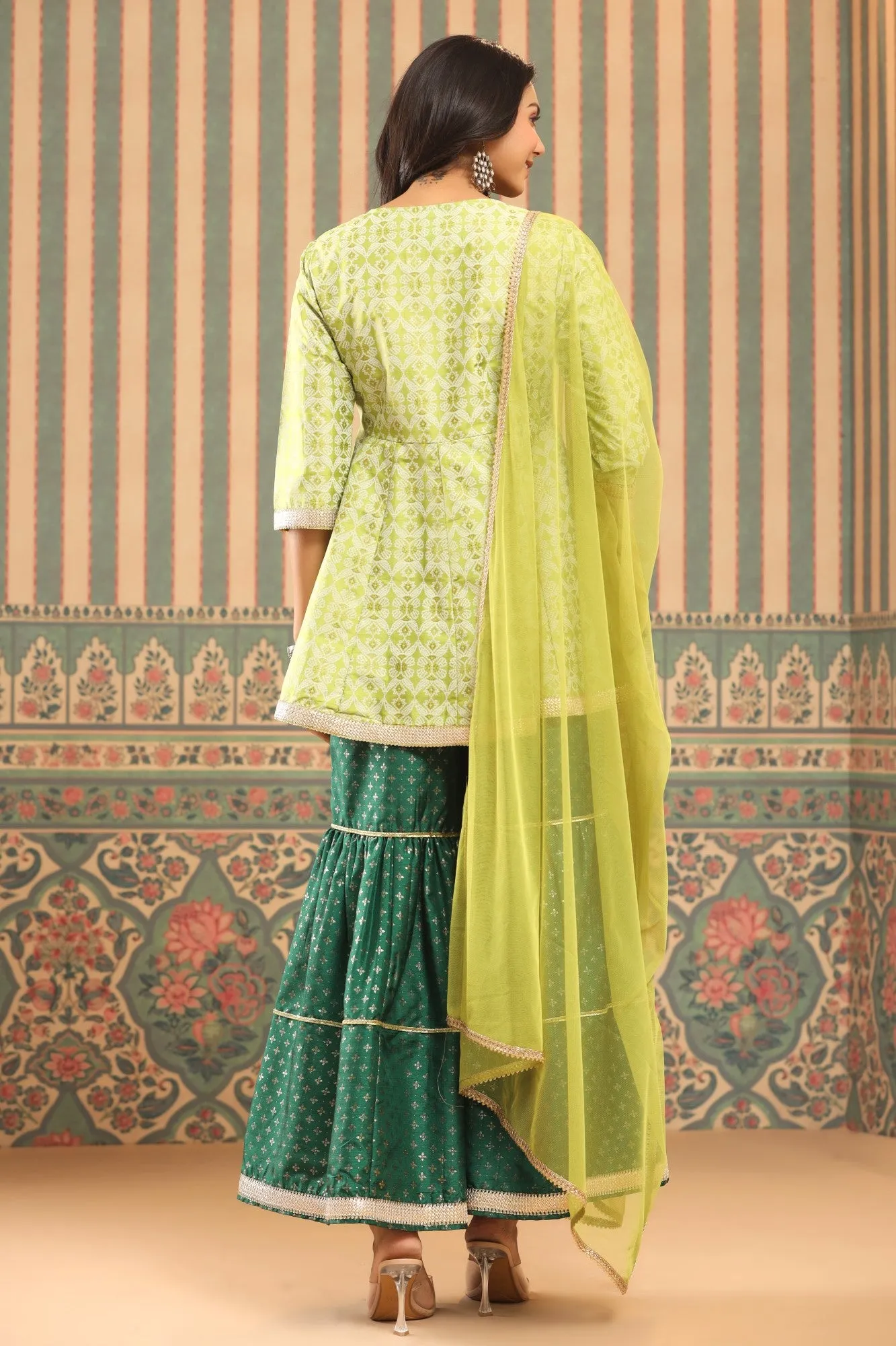 Juniper Green Geometric Printed Shantoon Slub Kurta Sharara & Dupatta Set With Lace Work