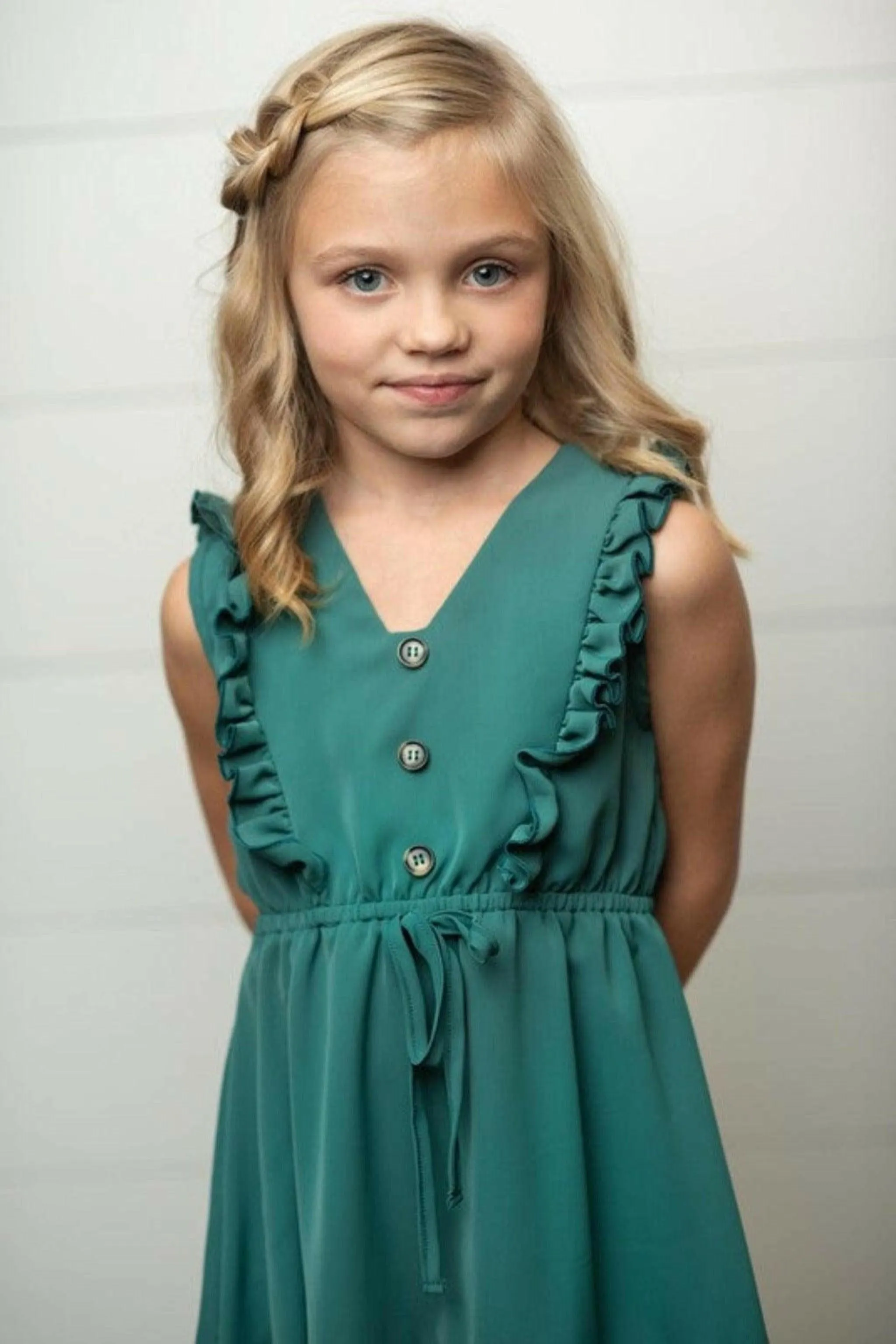 Kids Dark Teal Ruffle Front Button Dress