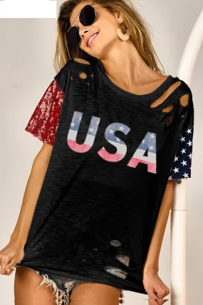 Kurzärmliges T-Shirt im Distressed-Look mit USA-Grafik