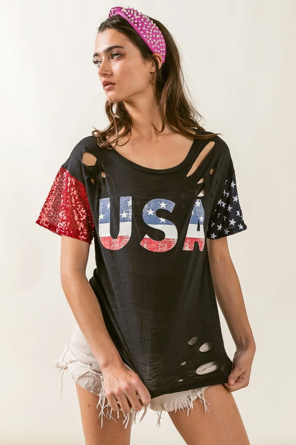 Kurzärmliges T-Shirt im Distressed-Look mit USA-Grafik