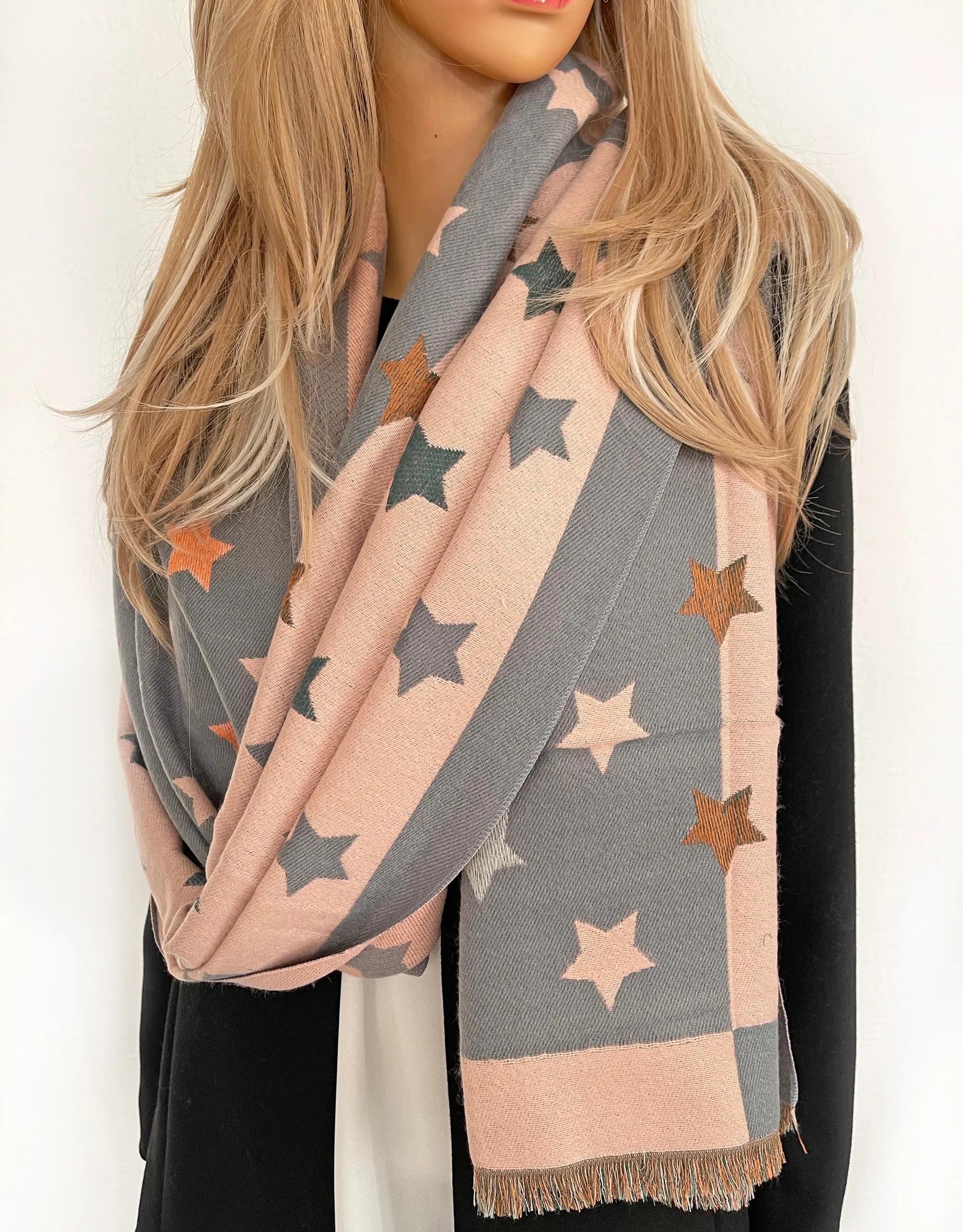 LARGE BLUSH PINK WOOL STAR PRINT REVERSIBLE WINTER SHAWL BLANKET SCARF